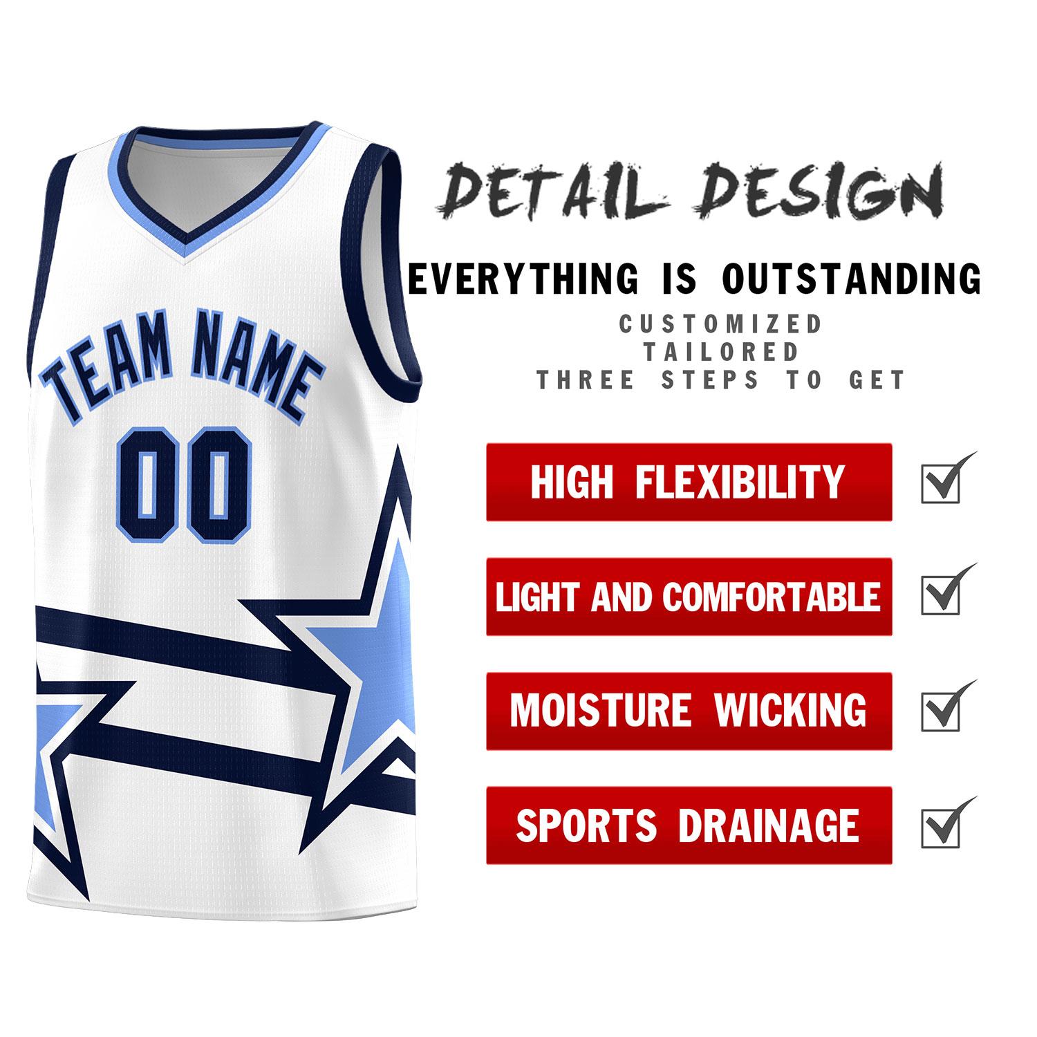 Custom White Basketball Kits With Light Blue Star Pattern And Double Lines