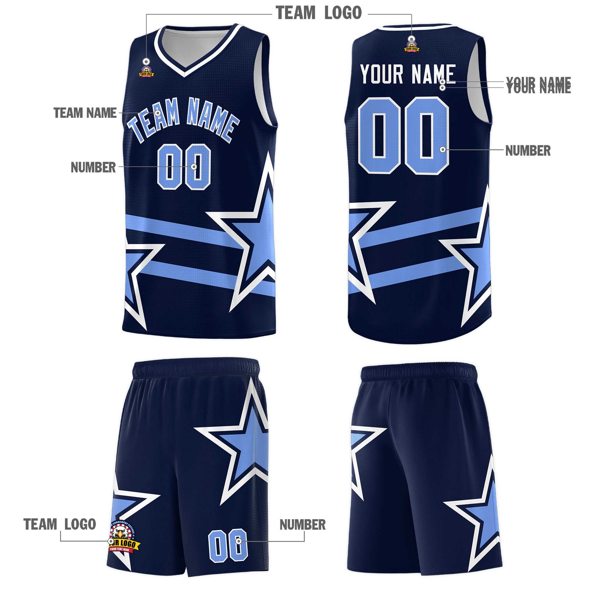 Custom Navy Basketball Kits With Light Blue Star Pattern And Double Lines