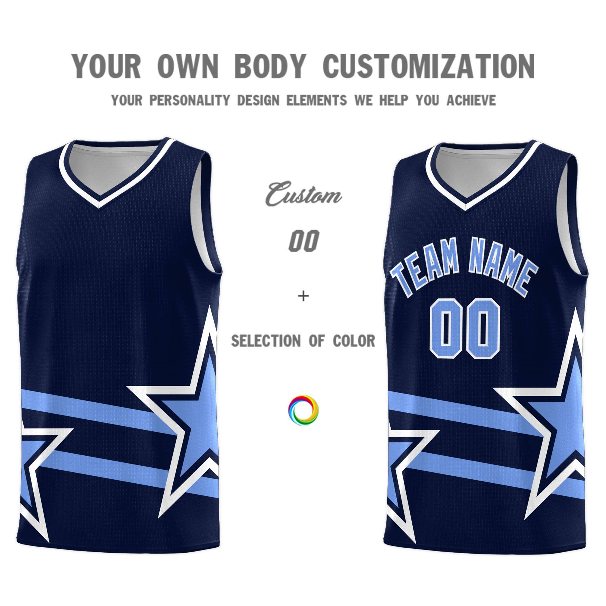 Custom Navy Basketball Kits With Light Blue Star Pattern And Double Lines
