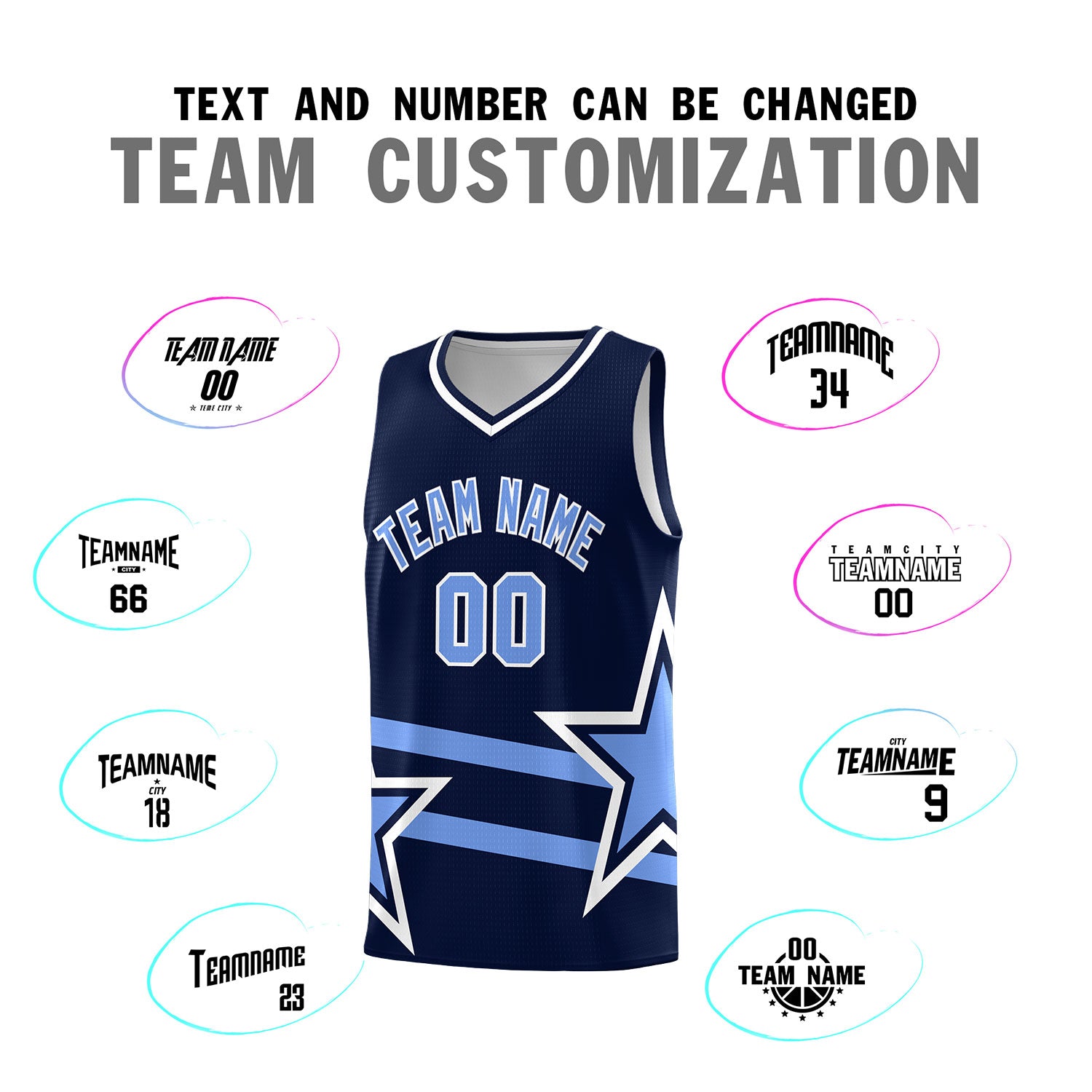 Custom Navy Basketball Kits With Light Blue Star Pattern And Double Lines