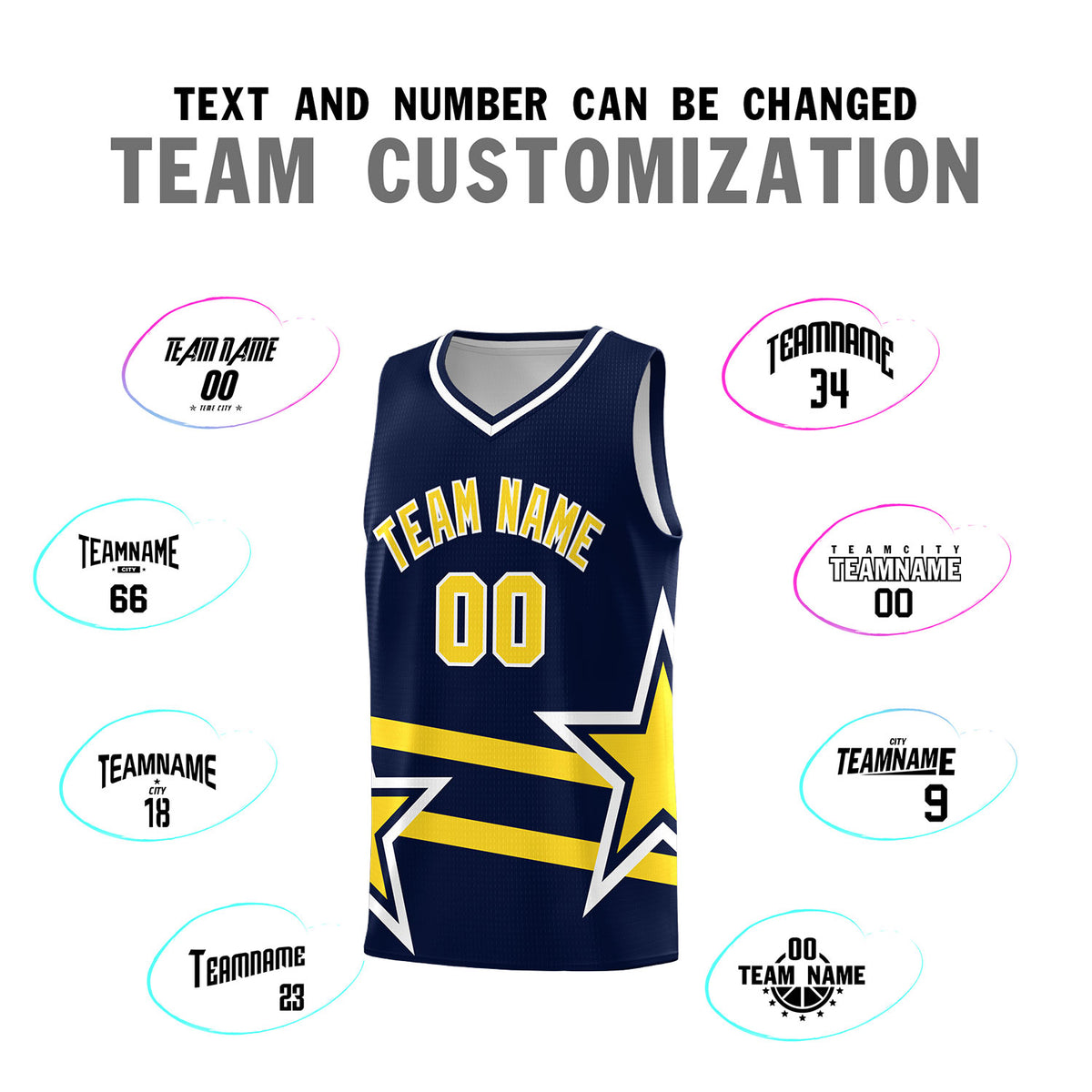 Custom Navy Basketball Kits With Gold Star Pattern And Double Lines