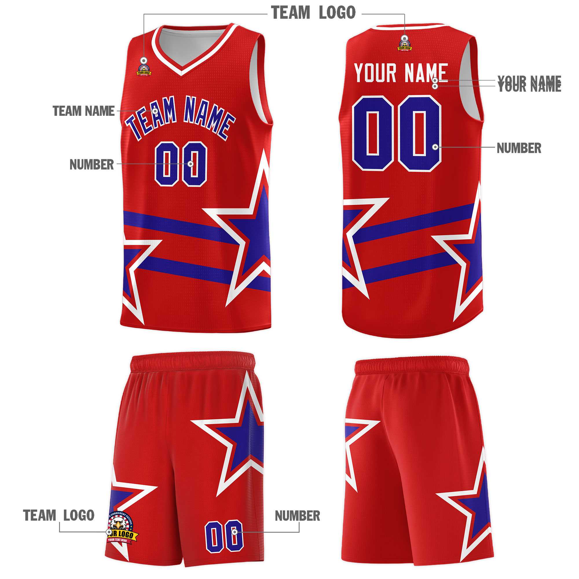 Custom Red Basketball Kits With Royal Star Pattern And Double Lines