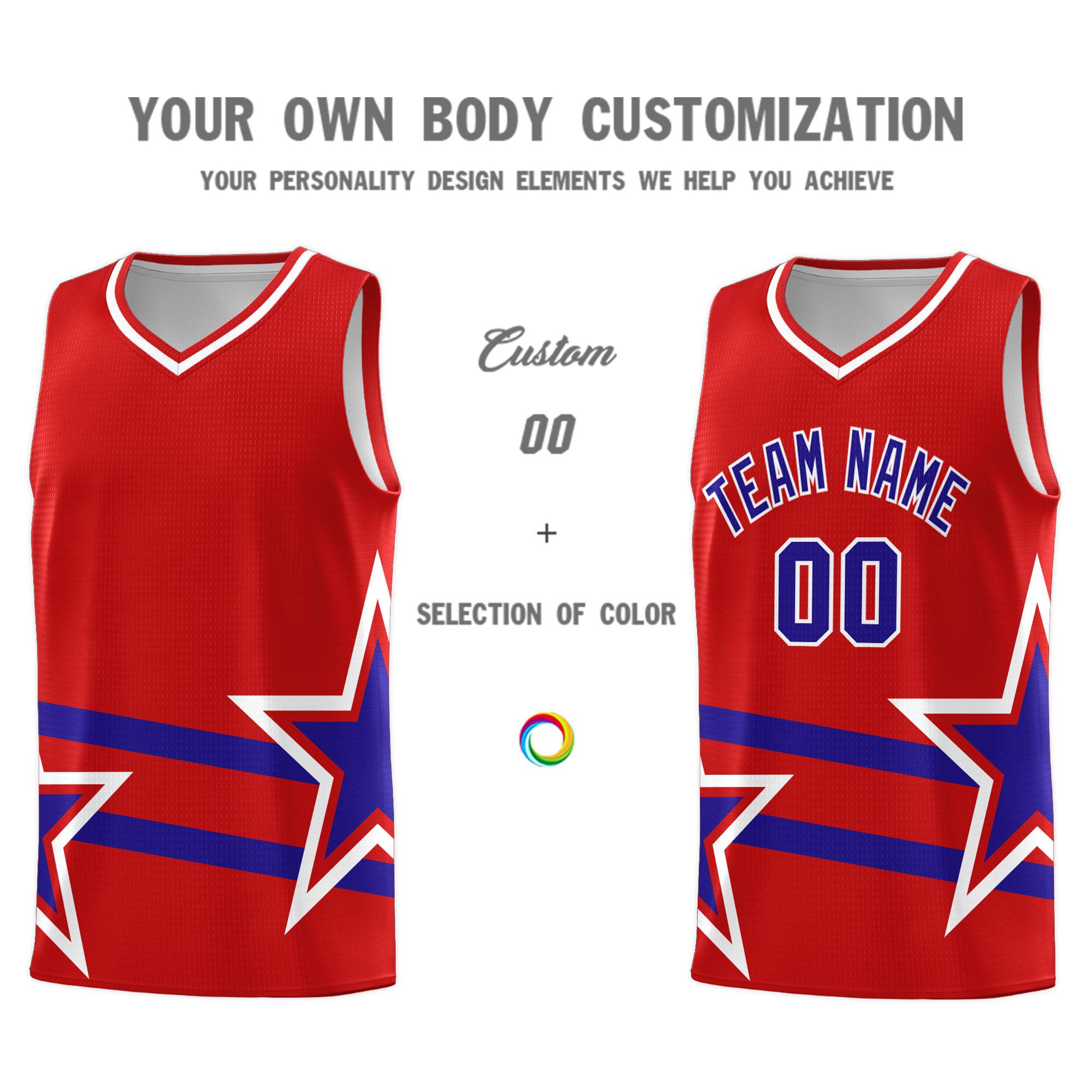 Custom Red Basketball Kits With Royal Star Pattern And Double Lines