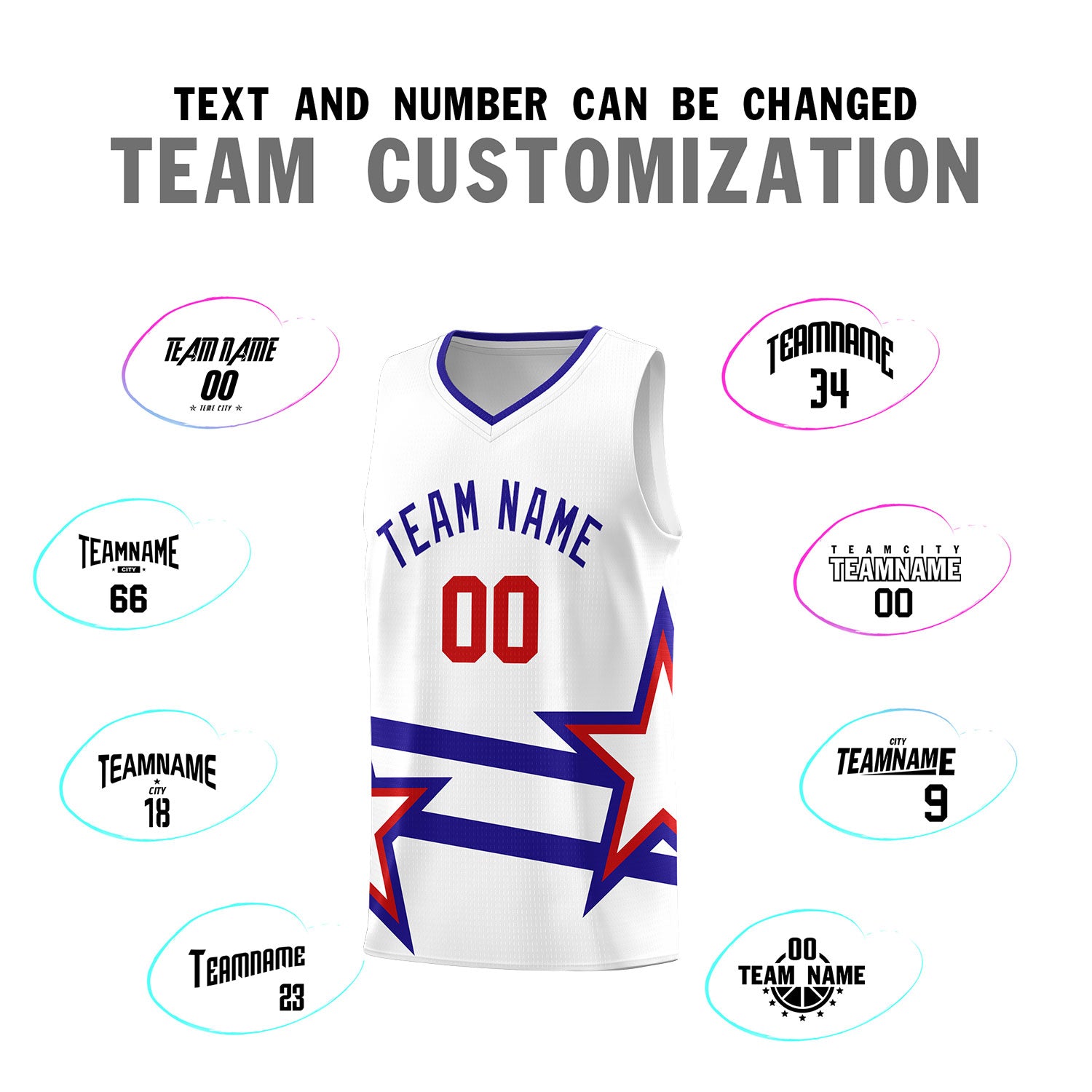 Custom Red Basketball Kits With Royal Star Pattern And Double Lines