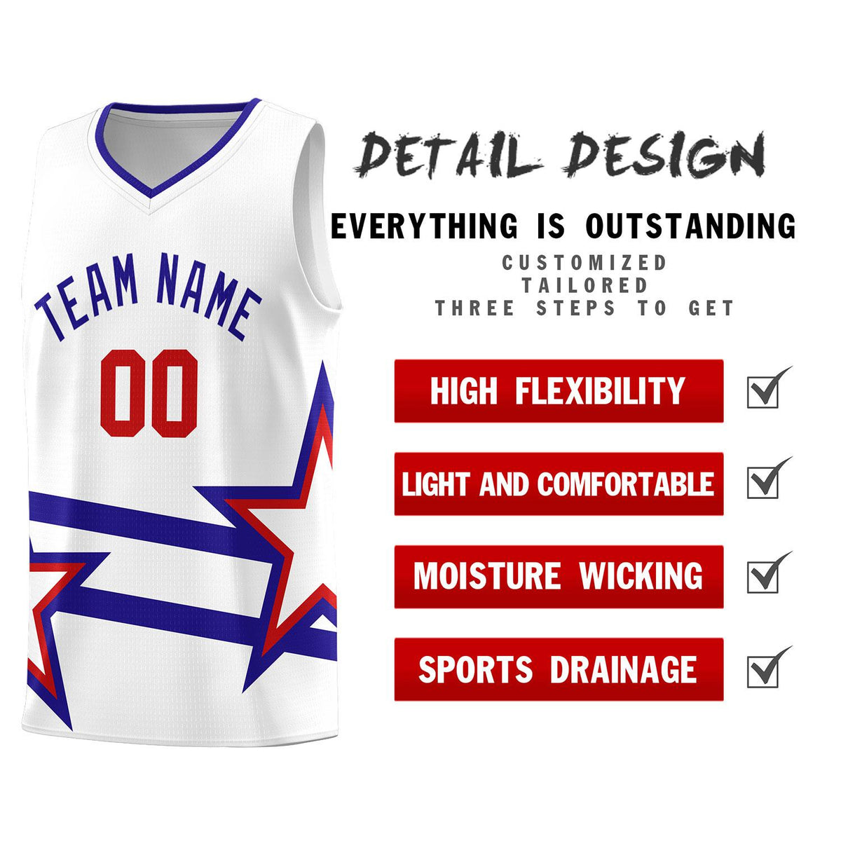 Custom Red Basketball Kits With Royal Star Pattern And Double Lines