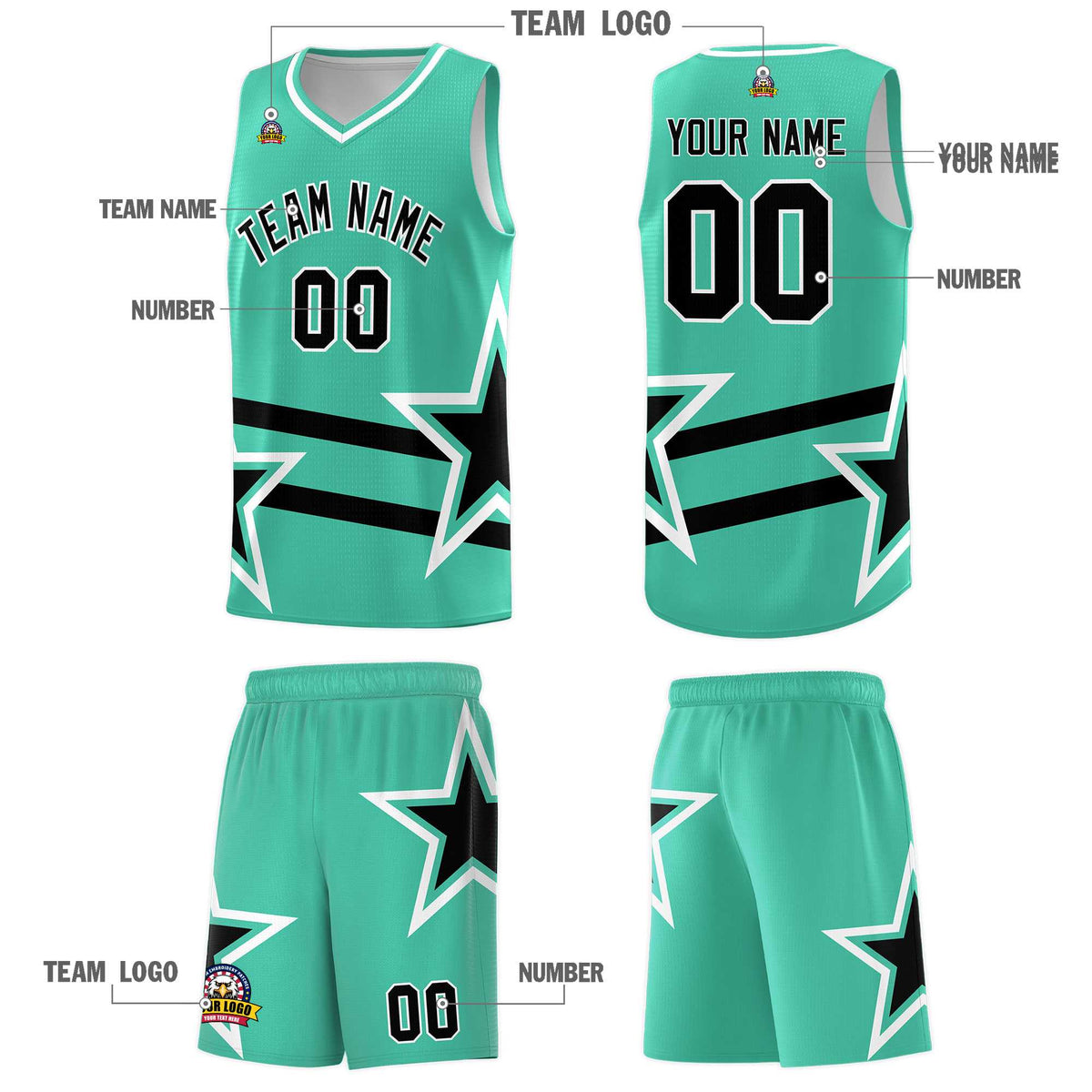 Custom Bright Green Basketball Kits With Black Star Pattern And Double Lines