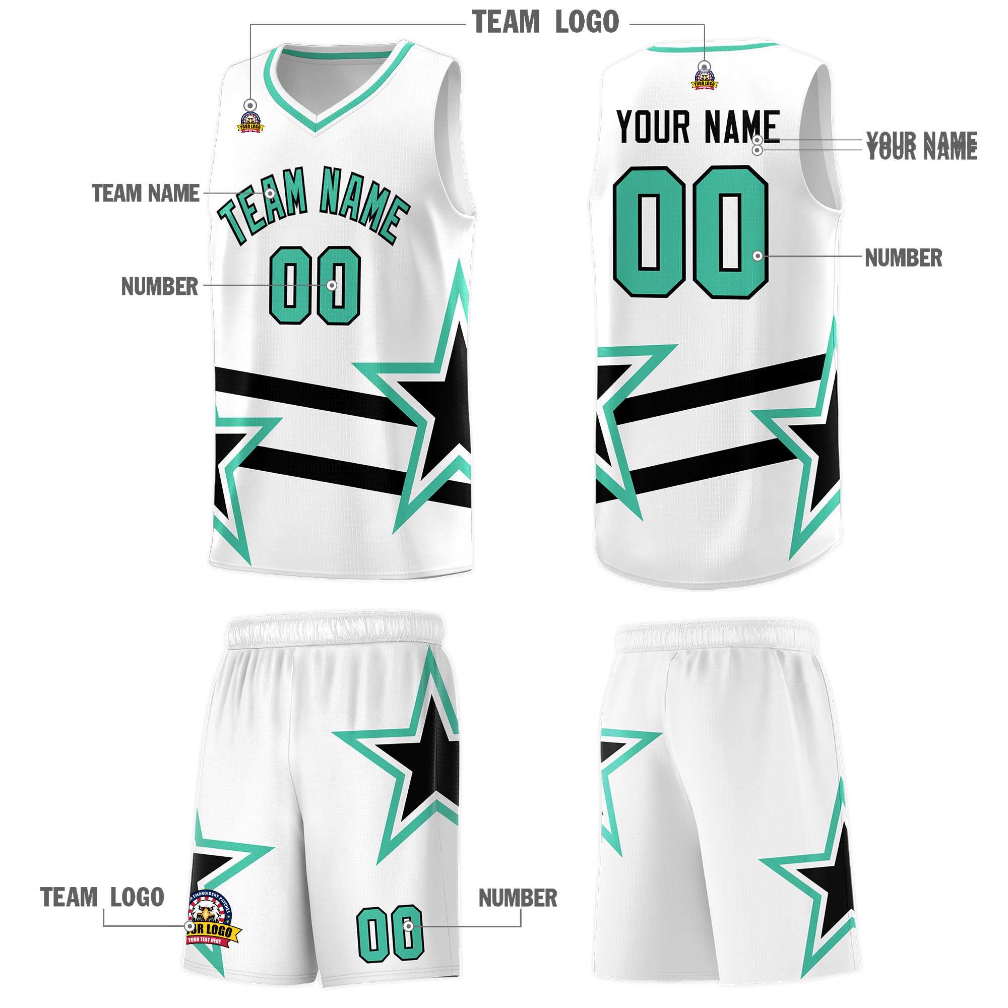 Custom White Basketball Kits With Bright Green Star Pattern And Double Lines