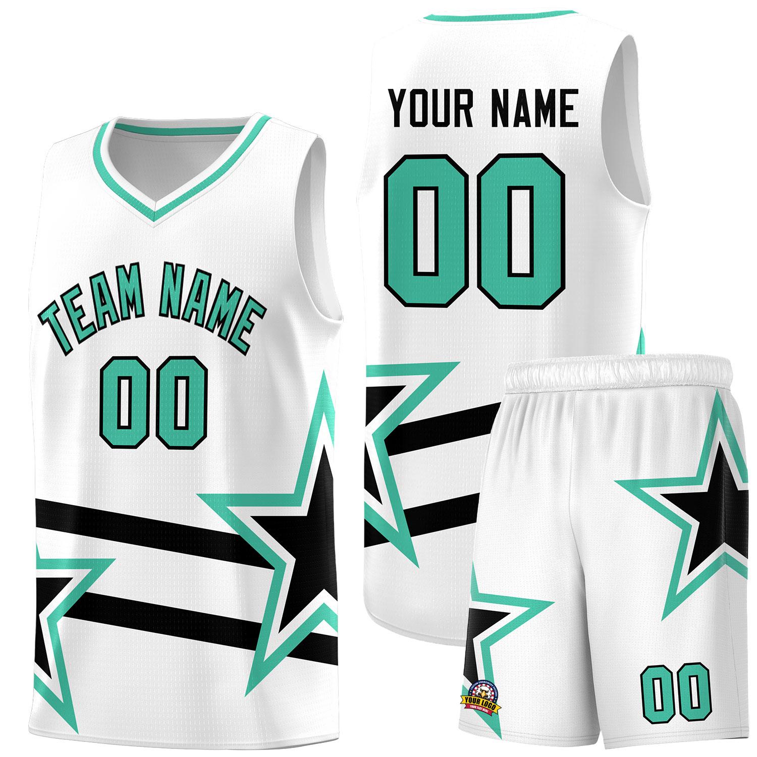 Custom White Basketball Kits With Bright Green Star Pattern And Double Lines