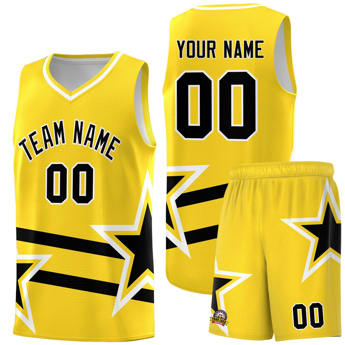 Custom Gold Basketball Kits With Black Star Pattern And Double Lines