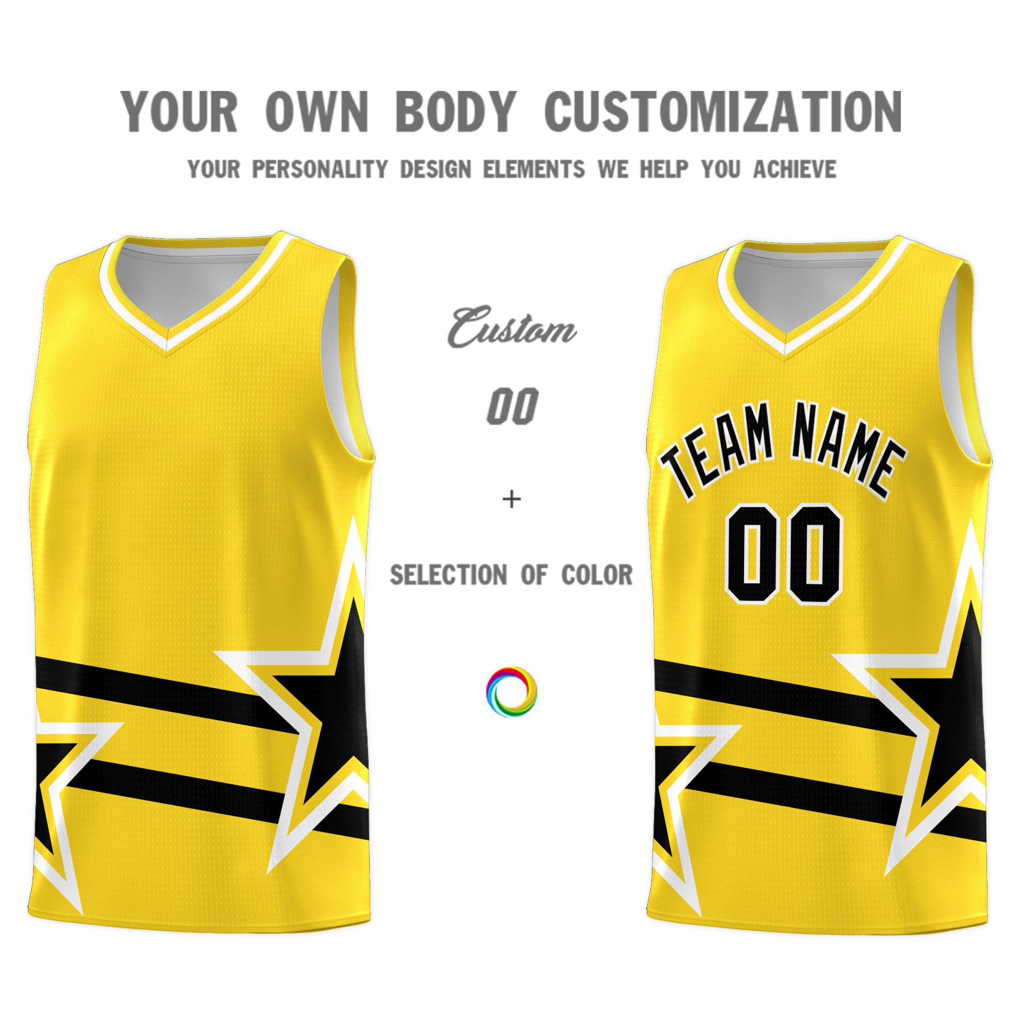 Custom Gold Basketball Kits With Black Star Pattern And Double Lines