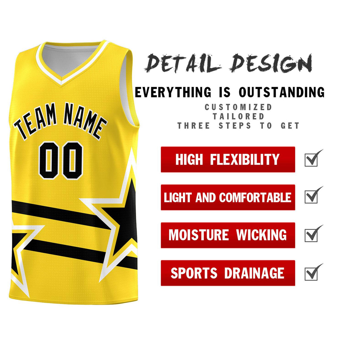 Custom Gold Basketball Kits With Black Star Pattern And Double Lines