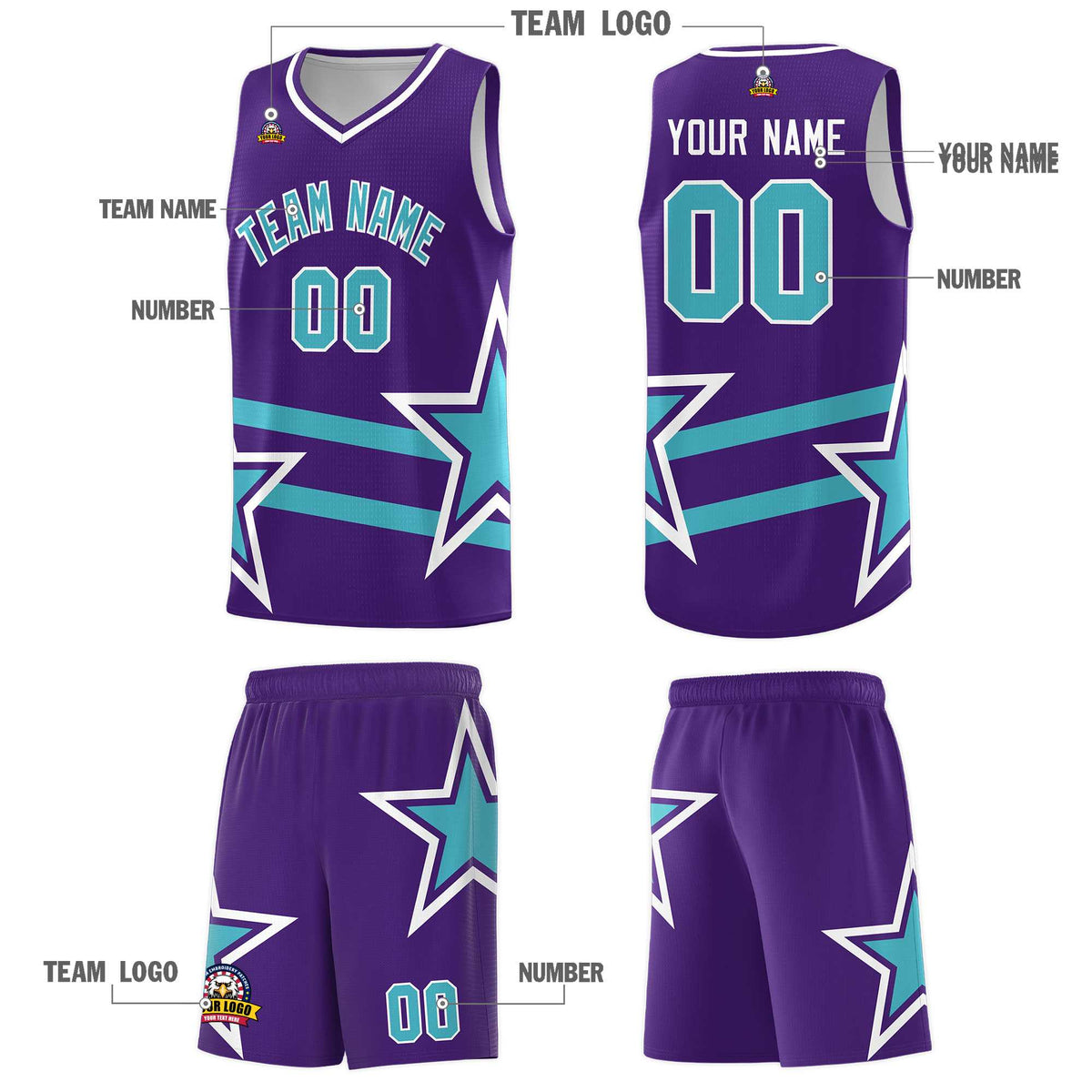 Custom Purple Basketball Kits With Sky Blue Star Pattern And Double Lines
