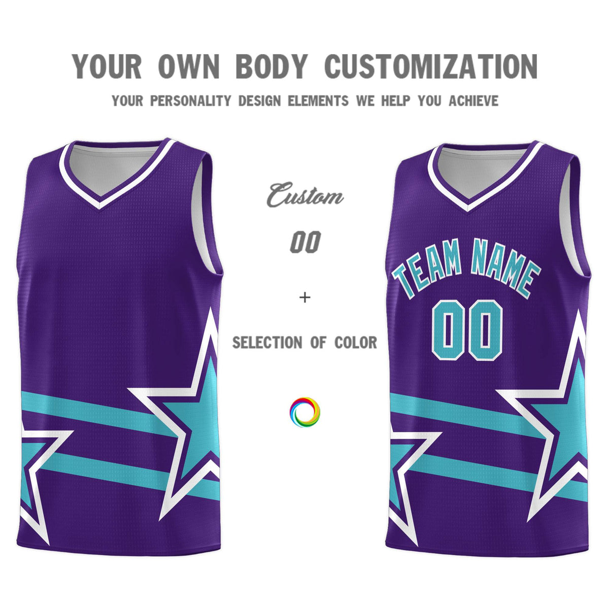 Custom Purple Basketball Kits With Sky Blue Star Pattern And Double Lines