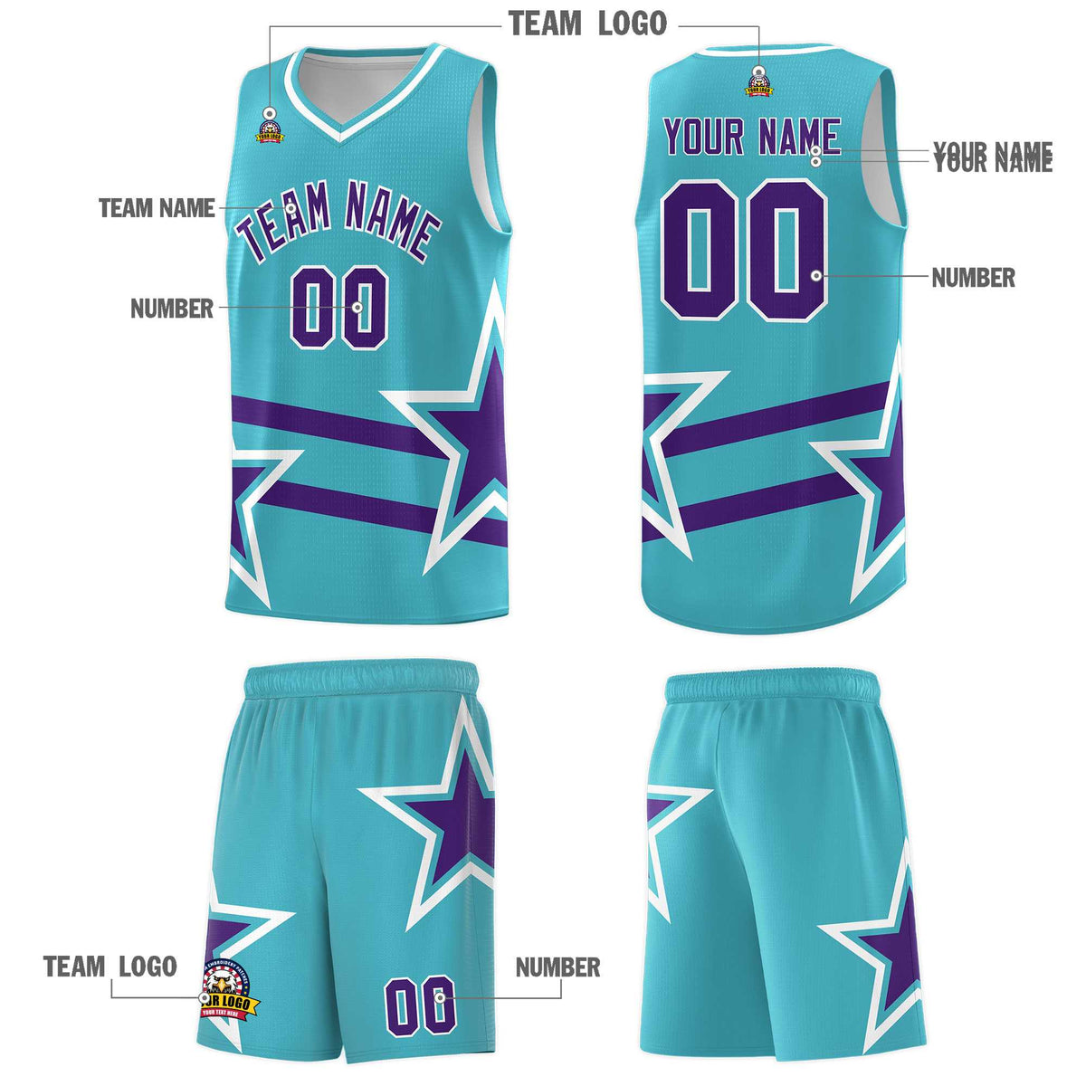 Custom Sky Blue Basketball Kits With Purple Star Pattern And Double Lines