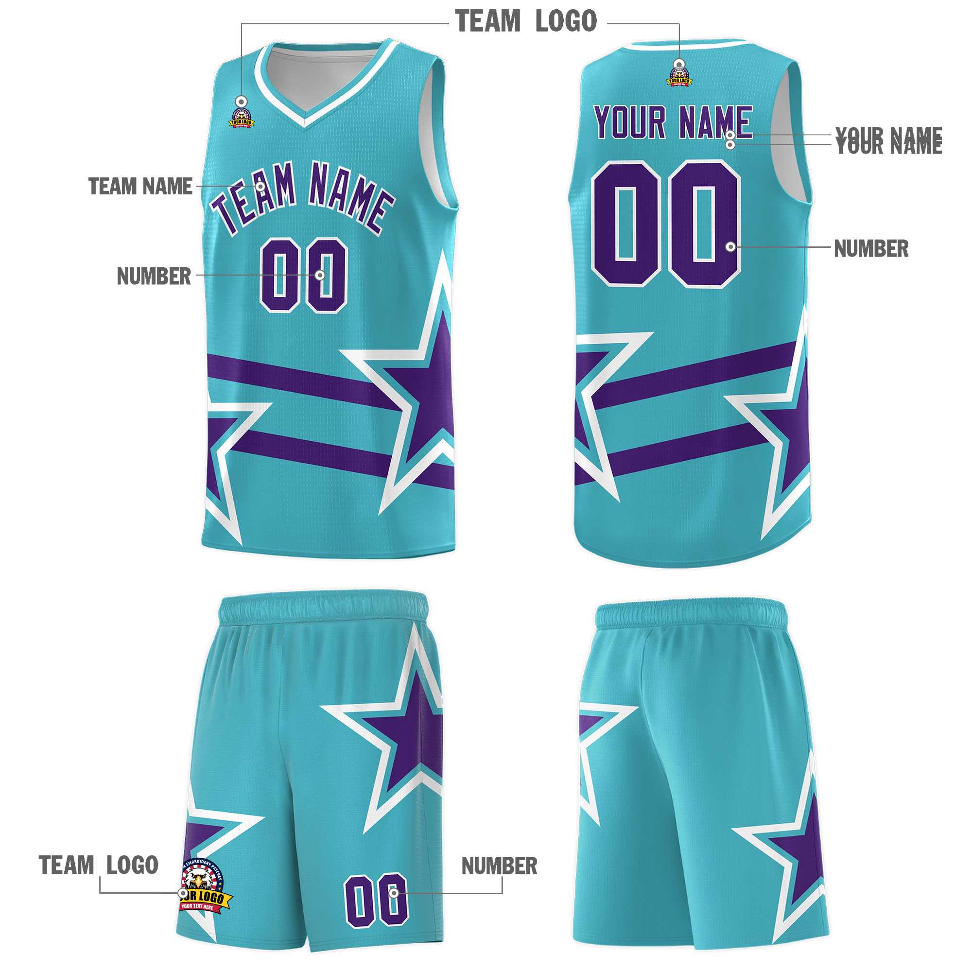Custom Sky Blue Basketball Kits With Purple Star Pattern And Double Lines