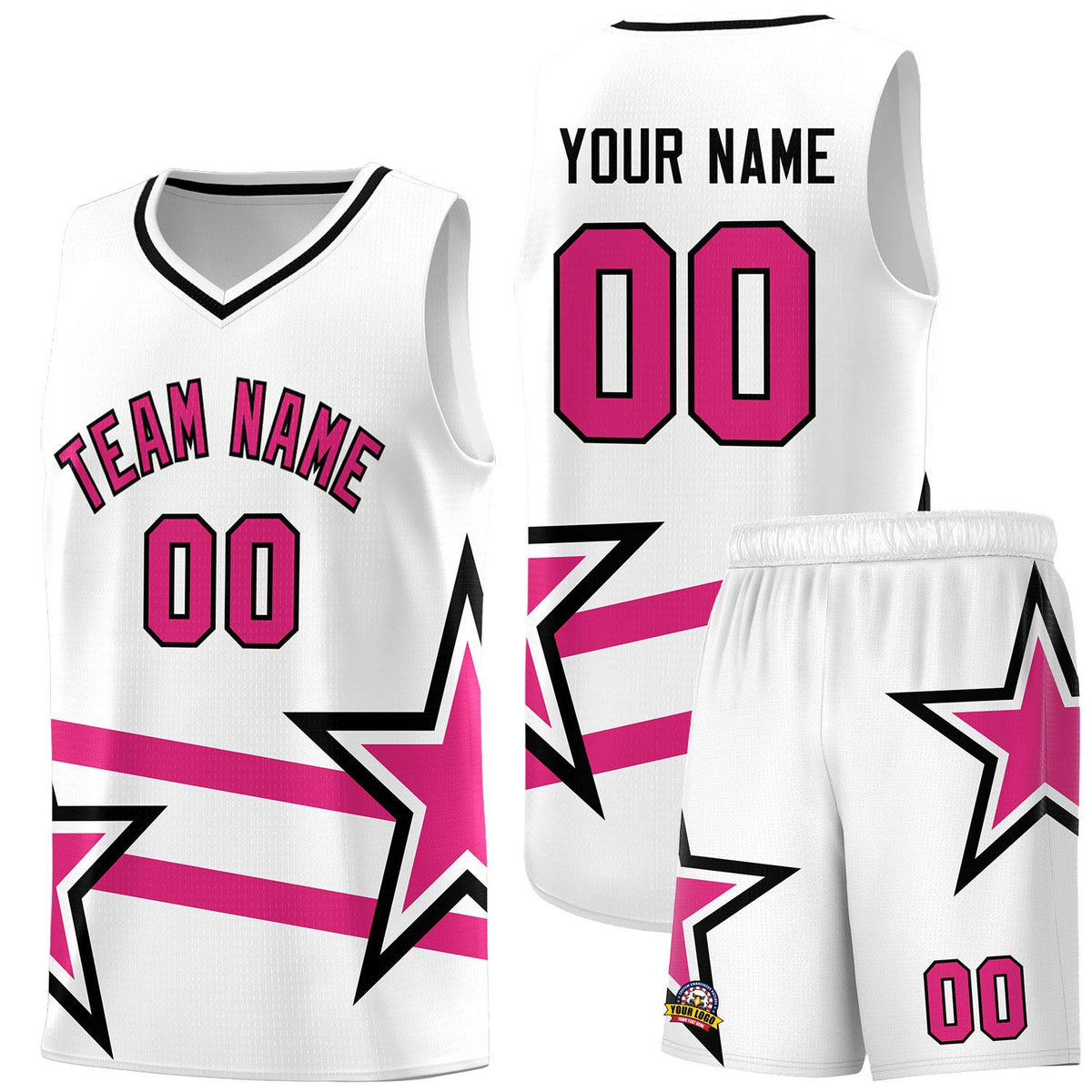 Custom White Basketball Kits With Rose Red Star Pattern And Double Lines
