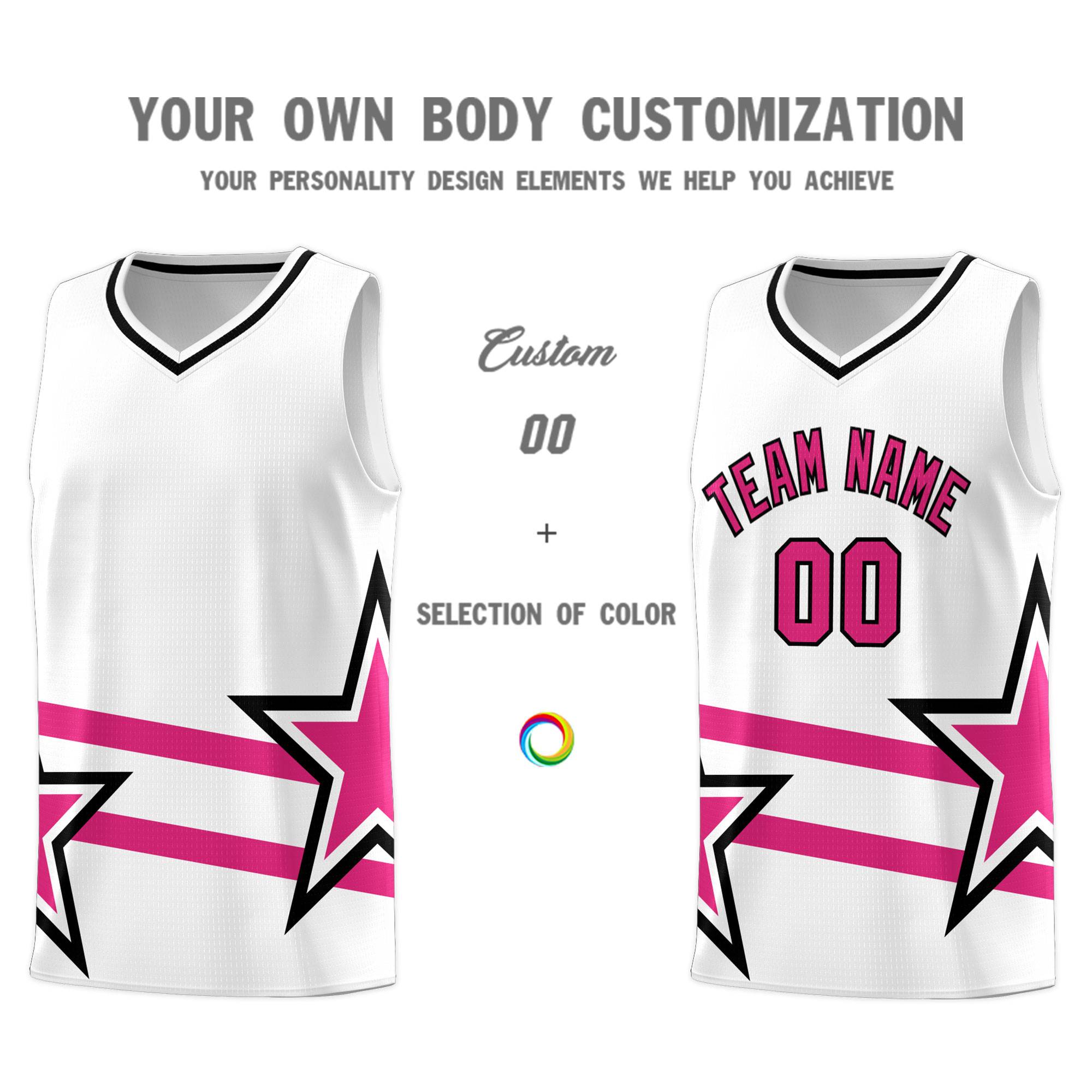 Custom White Basketball Kits With Rose Red Star Pattern And Double Lines