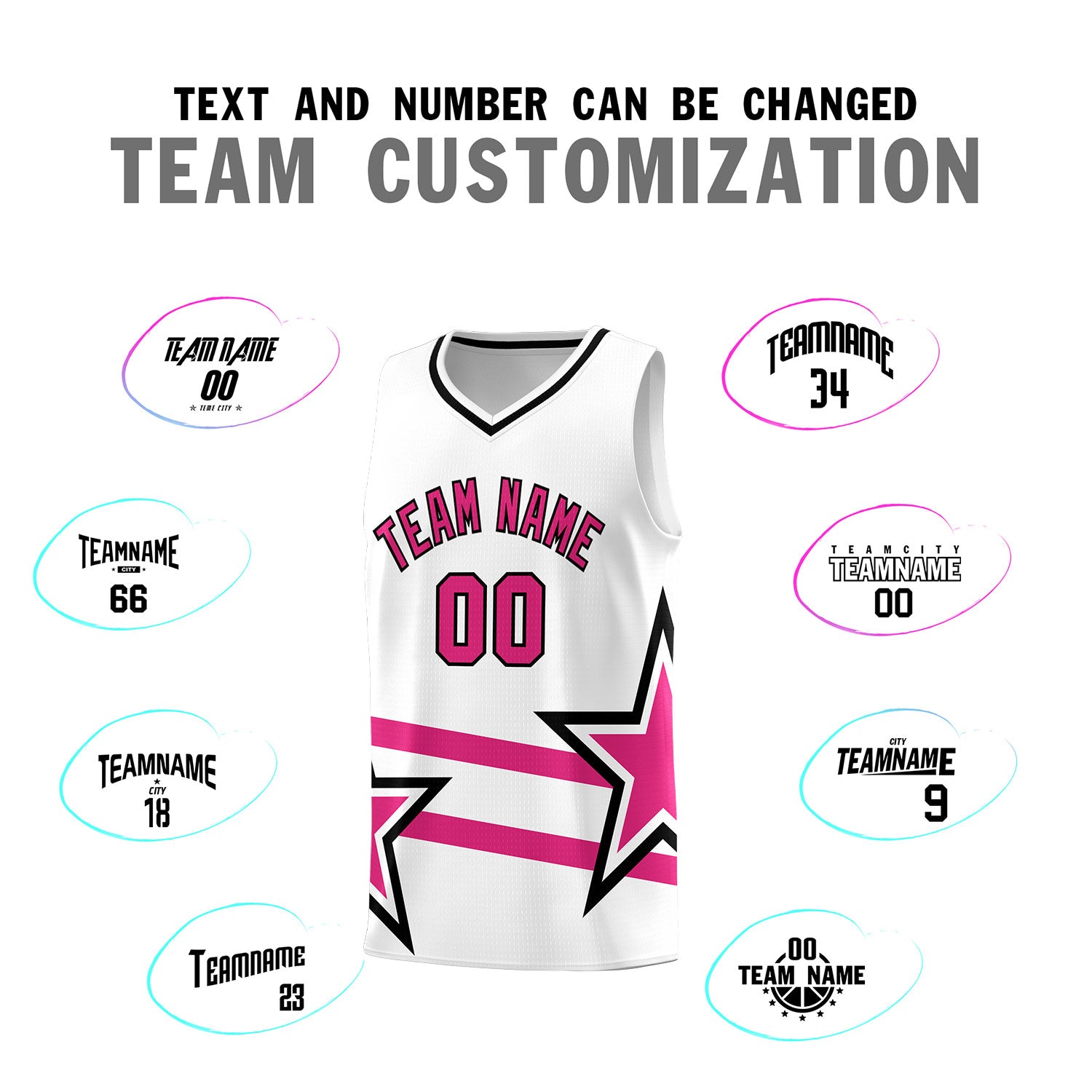 Custom White Basketball Kits With Rose Red Star Pattern And Double Lines