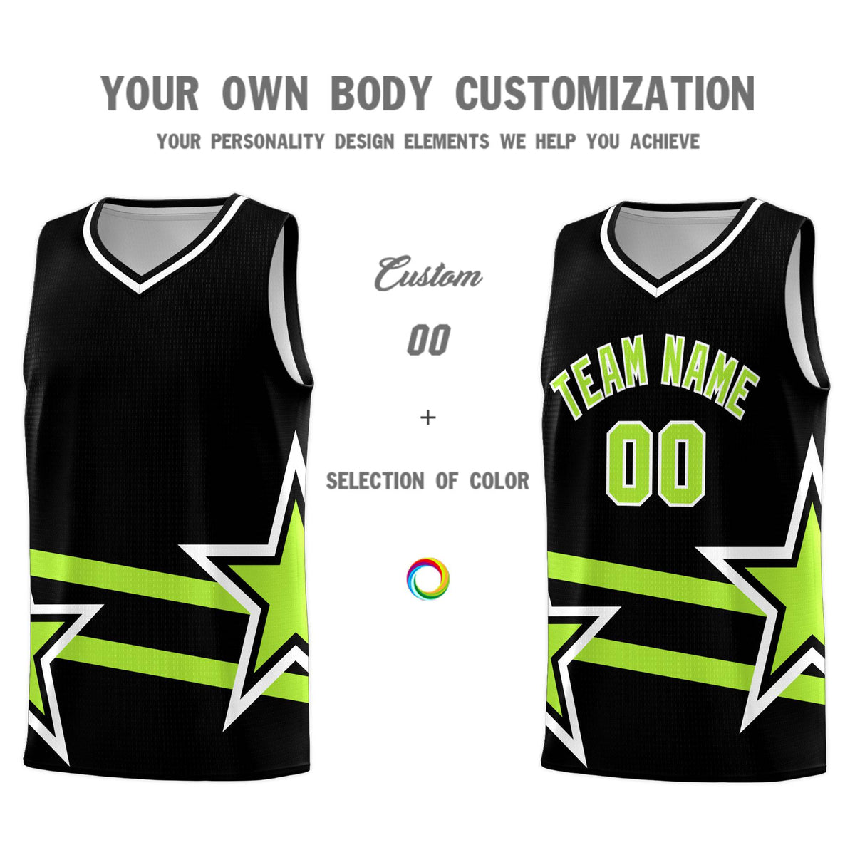 Custom Black Basketball Kits With Neon Green Star Pattern And Double Lines