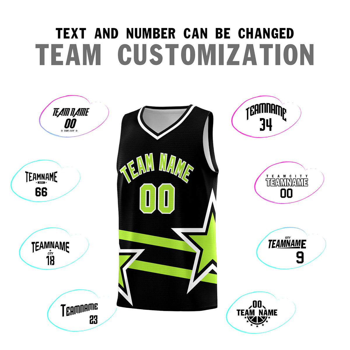 Custom Black Basketball Kits With Neon Green Star Pattern And Double Lines