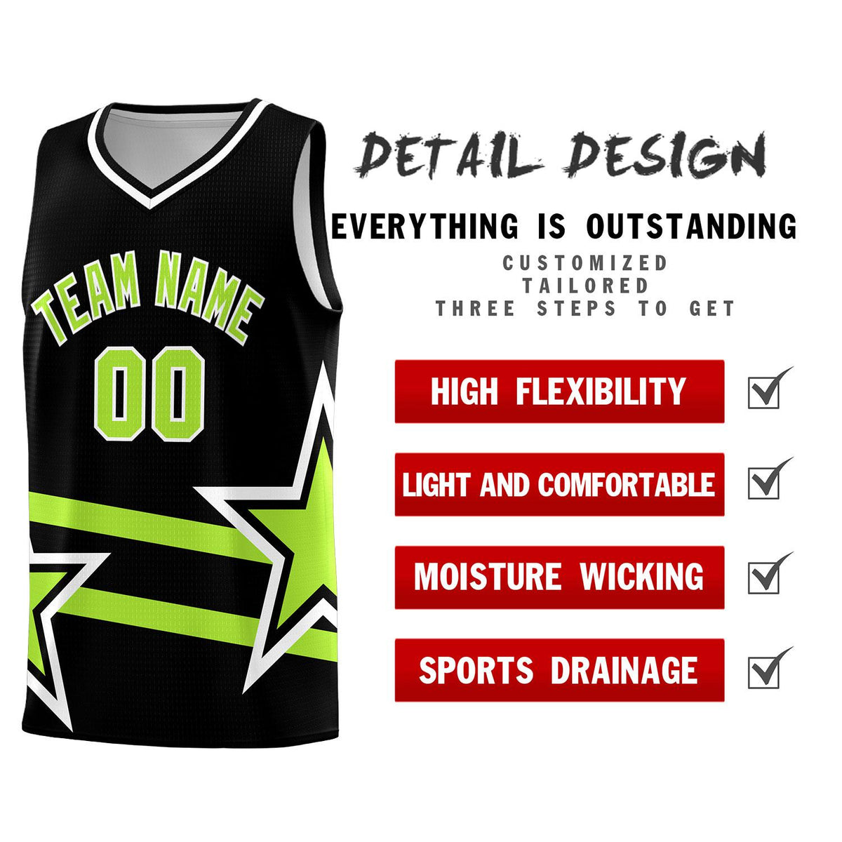 Custom Black Basketball Kits With Neon Green Star Pattern And Double Lines