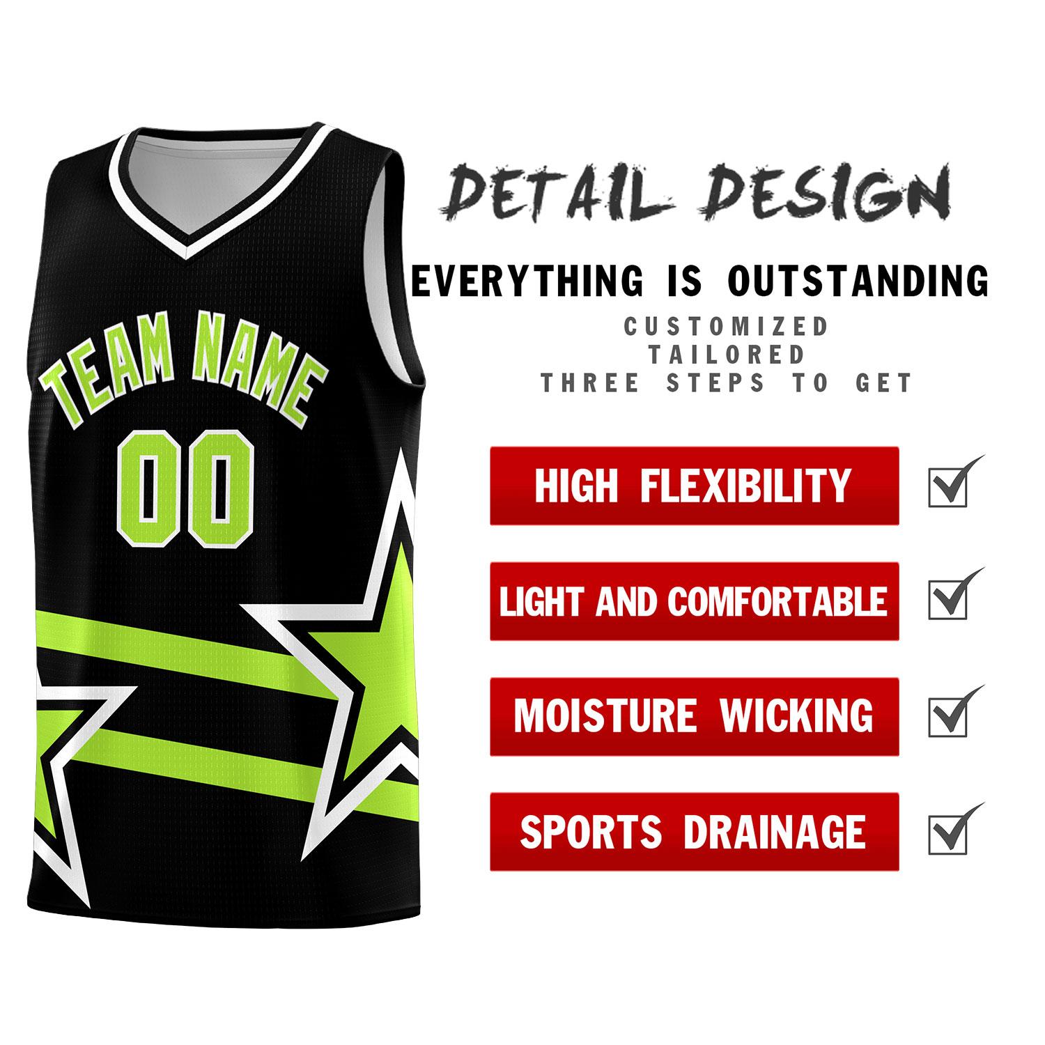 Custom Black Basketball Kits With Neon Green Star Pattern And Double Lines