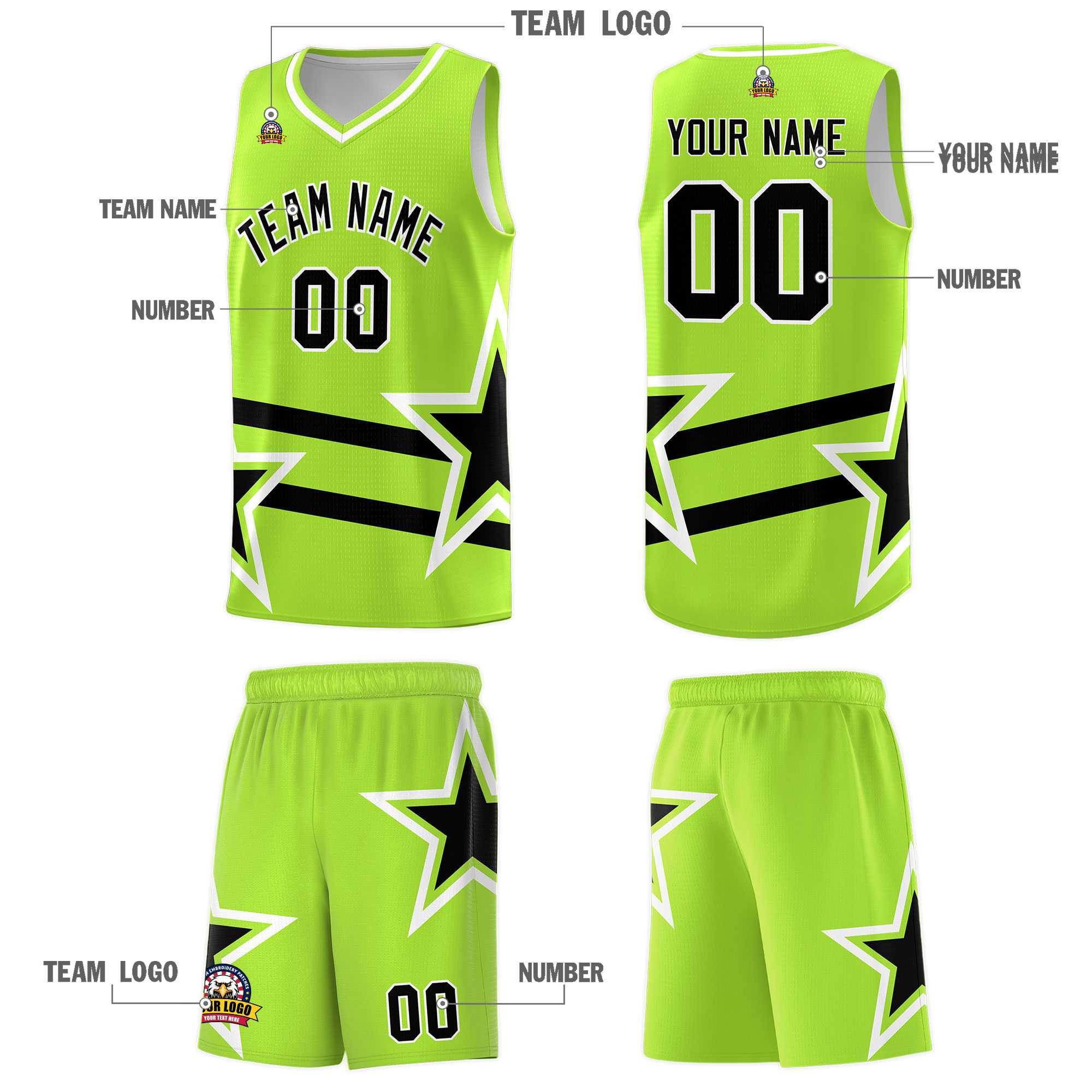 Custom Neon Green Basketball Kits With Black Star Pattern And Double Lines