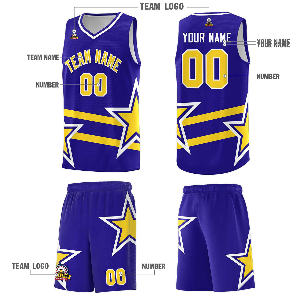Custom Royal Basketball Kits With Gold Star Pattern And Double Lines