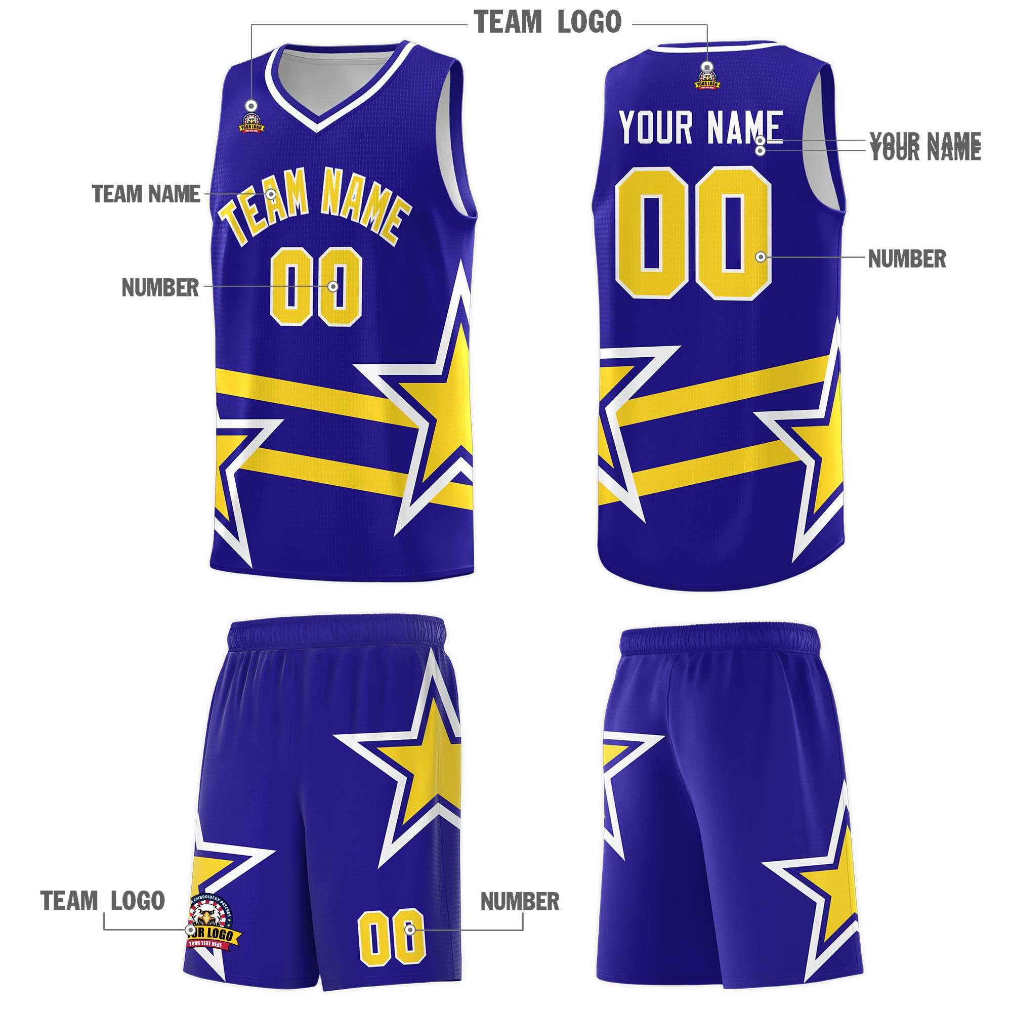 Custom Royal Basketball Kits With Gold Star Pattern And Double Lines