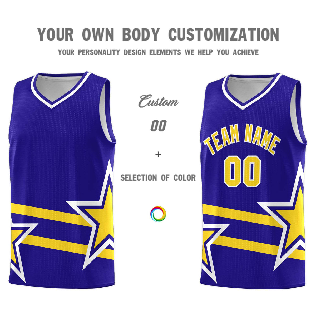 Custom Royal Basketball Kits With Gold Star Pattern And Double Lines