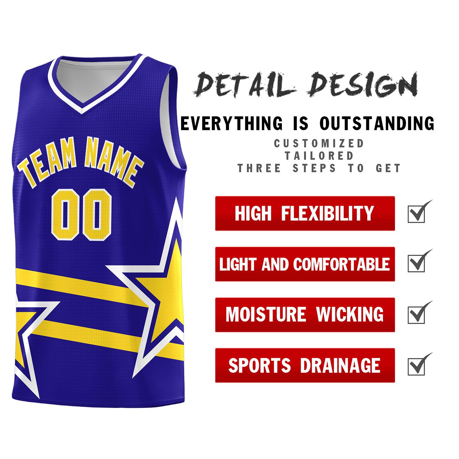 Custom Royal Basketball Kits With Gold Star Pattern And Double Lines