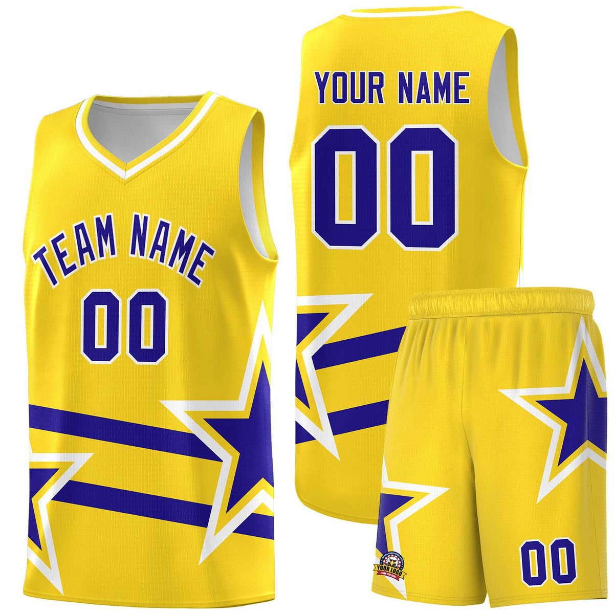 Custom Gold Basketball Kits With Royal Star Pattern And Double Lines