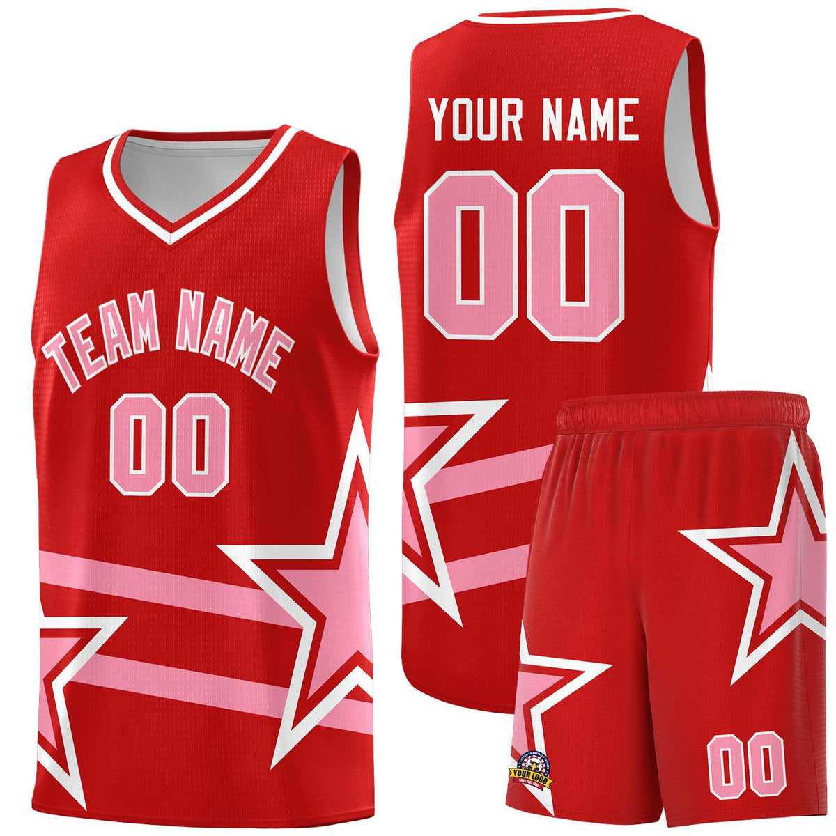 Custom Red Basketball Kits With Light Pink Star Pattern And Double Lines