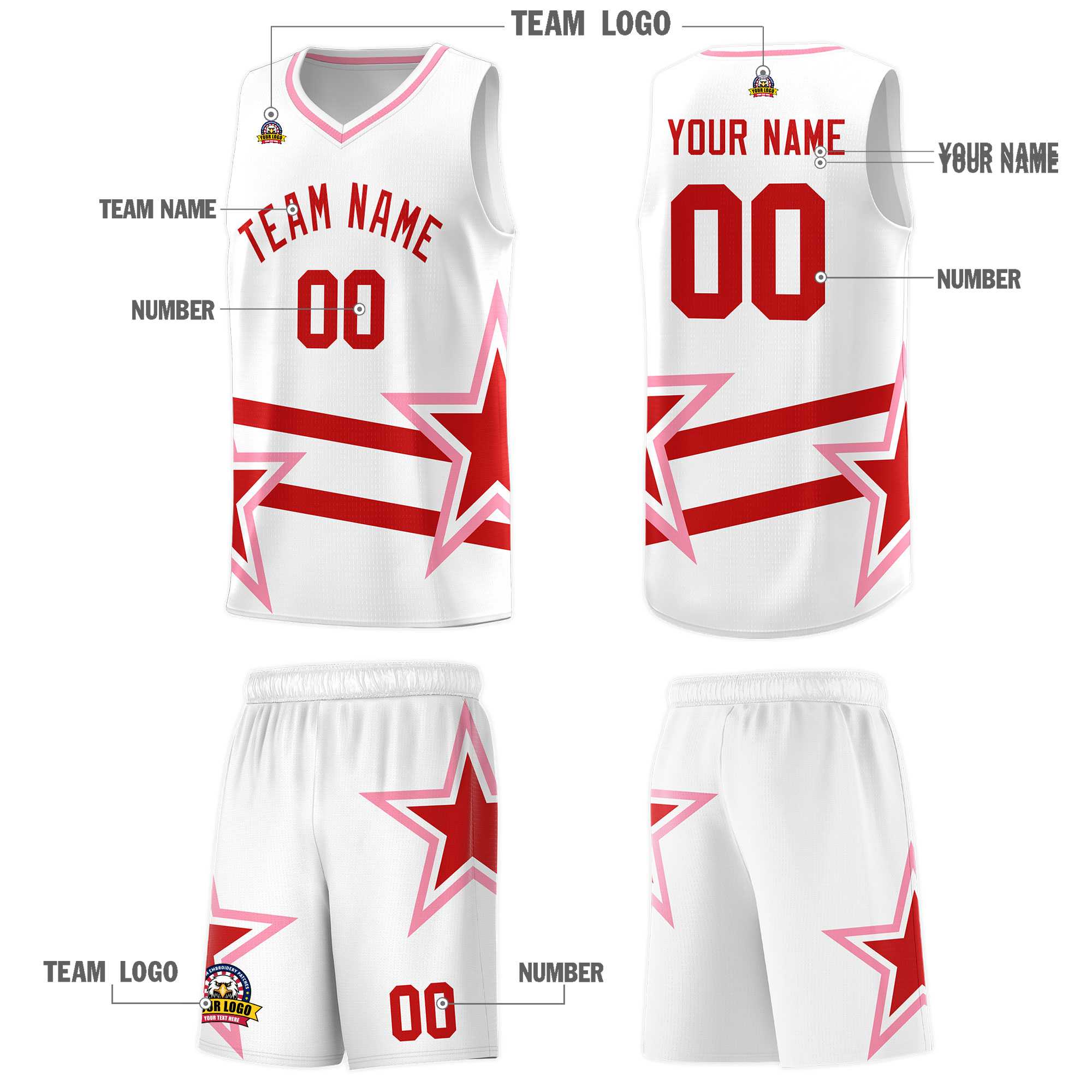 Custom White Basketball Kits With Red Star Pattern And Double Lines