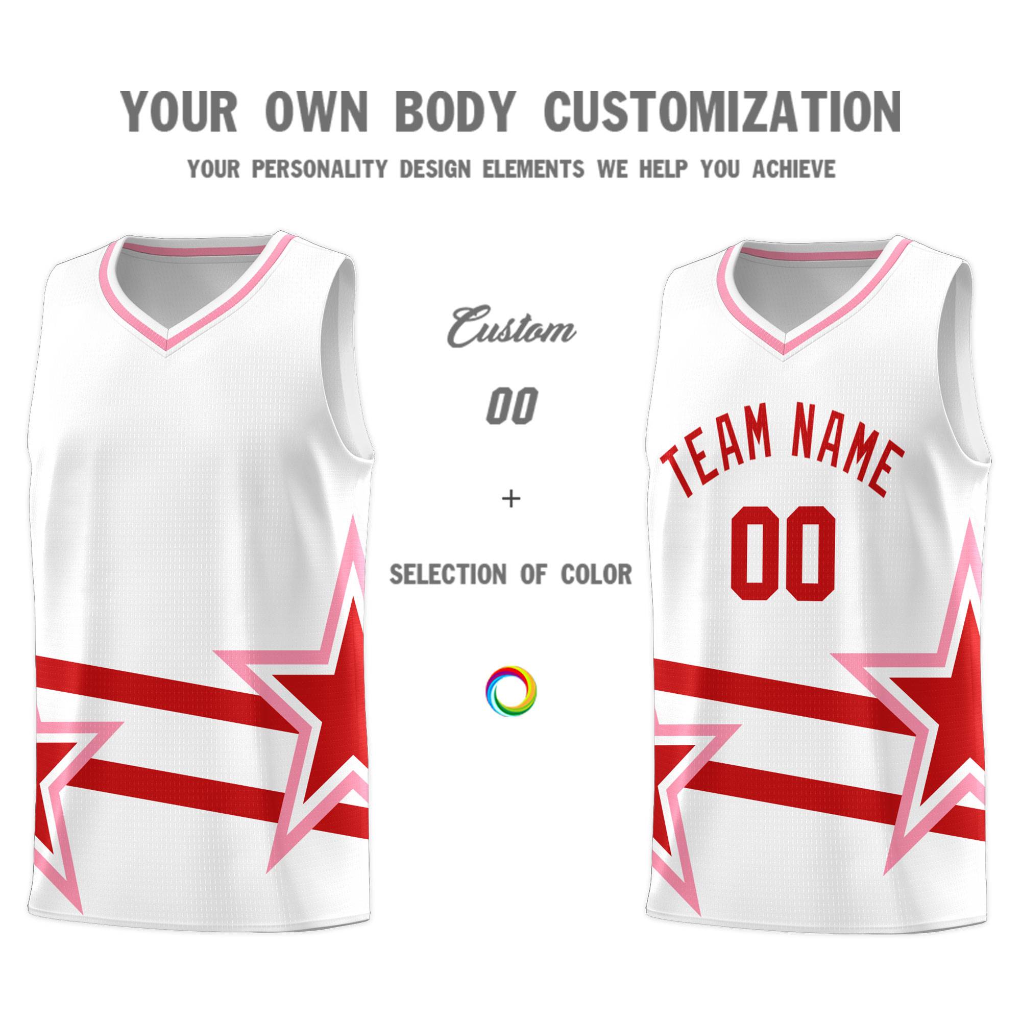 Custom White Basketball Kits With Red Star Pattern And Double Lines