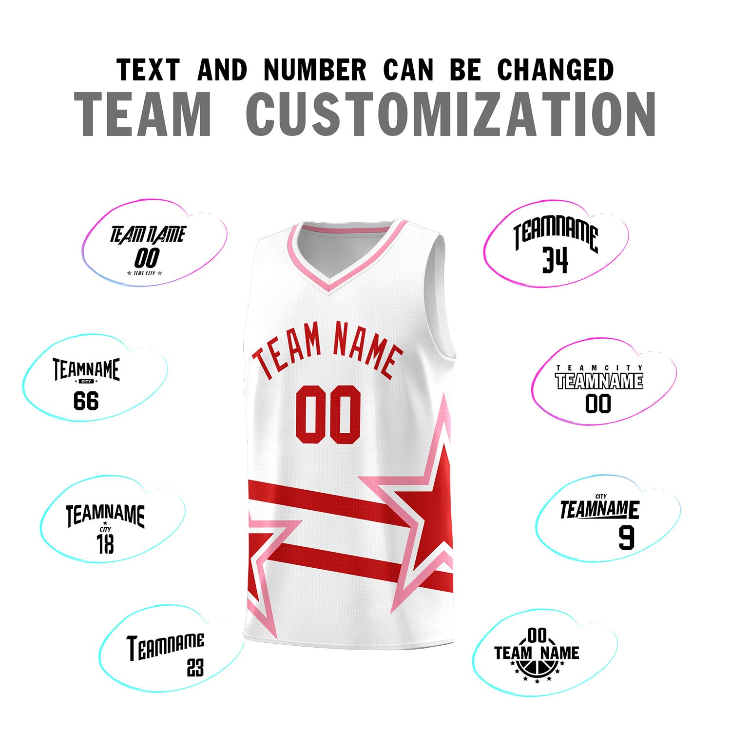 Custom White Basketball Kits With Red Star Pattern And Double Lines