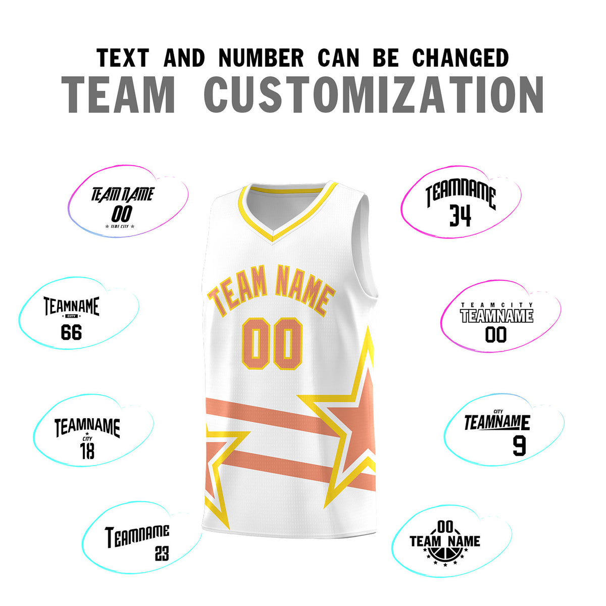 Custom White Basketball Kits With Light Orange Star Pattern And Double Lines