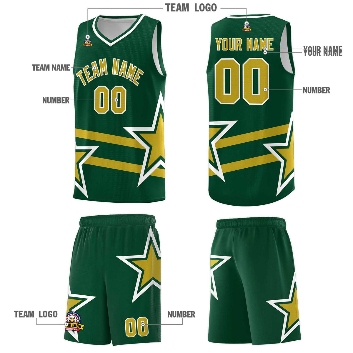 Custom Green Basketball Kits With Old Gold Star Pattern And Double Lines