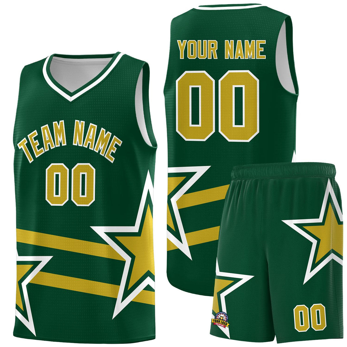 Custom Green Basketball Kits With Old Gold Star Pattern And Double Lines