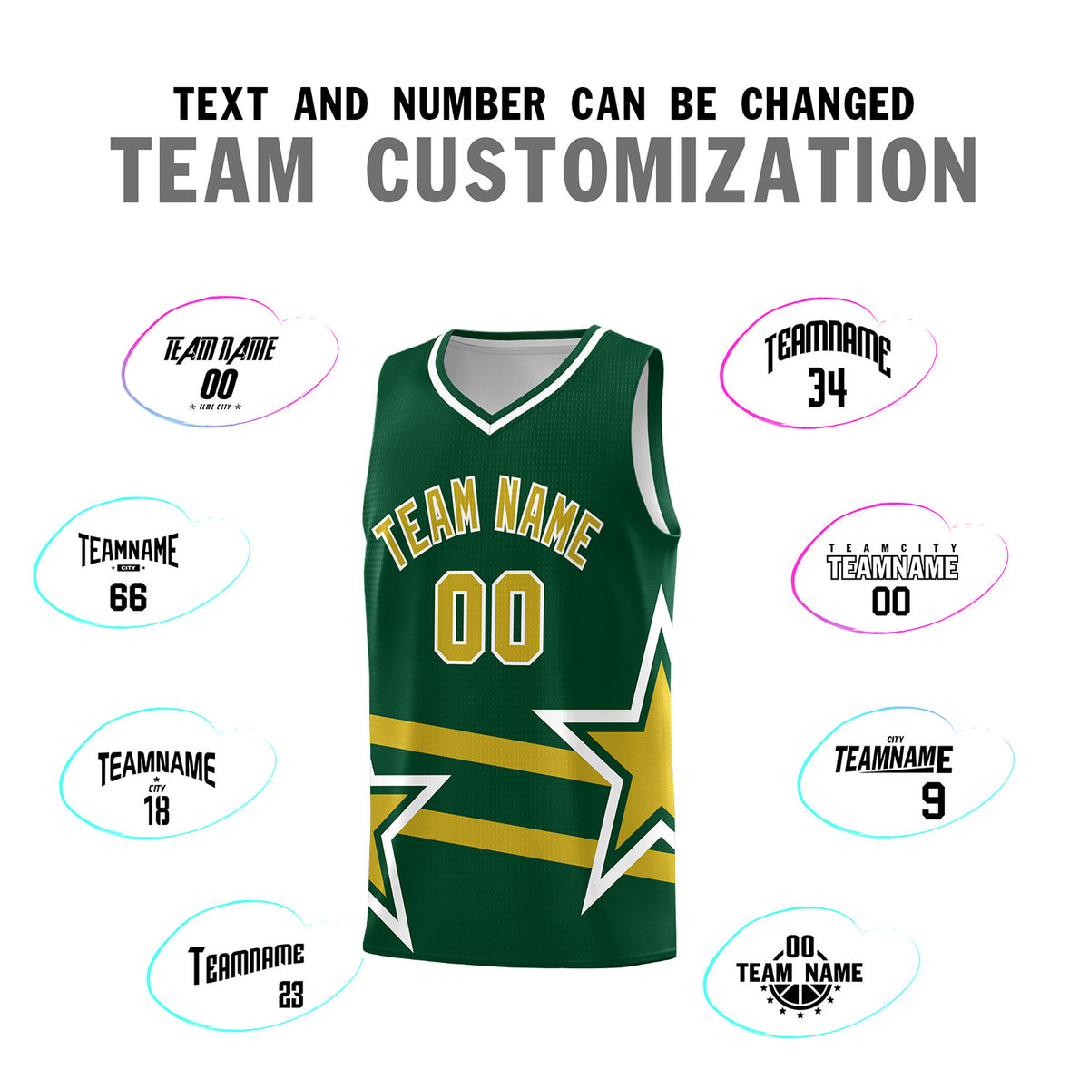 Custom Green Basketball Kits With Old Gold Star Pattern And Double Lines