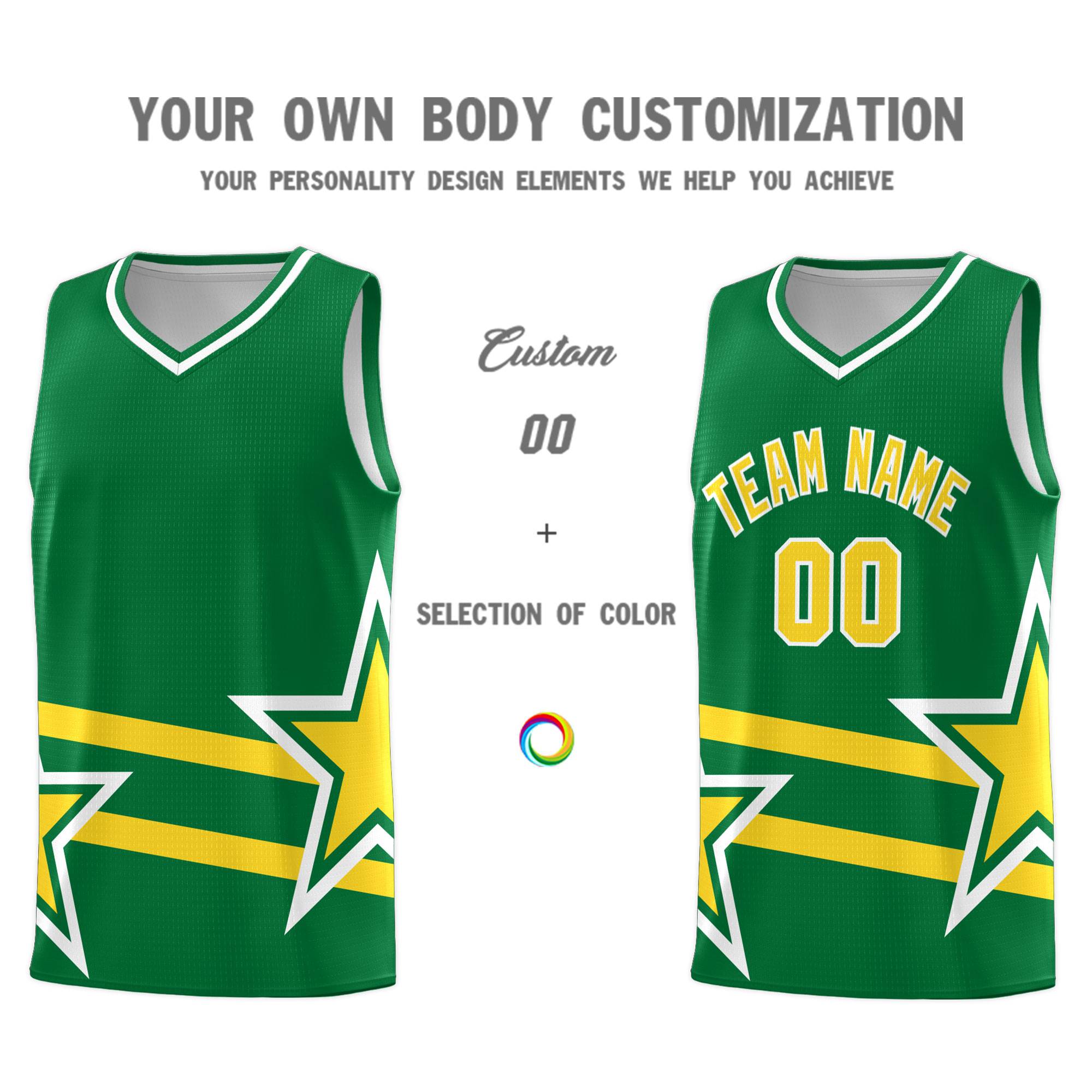 Custom Kelly Green Basketball Kits With Gold Star Pattern And Double Lines