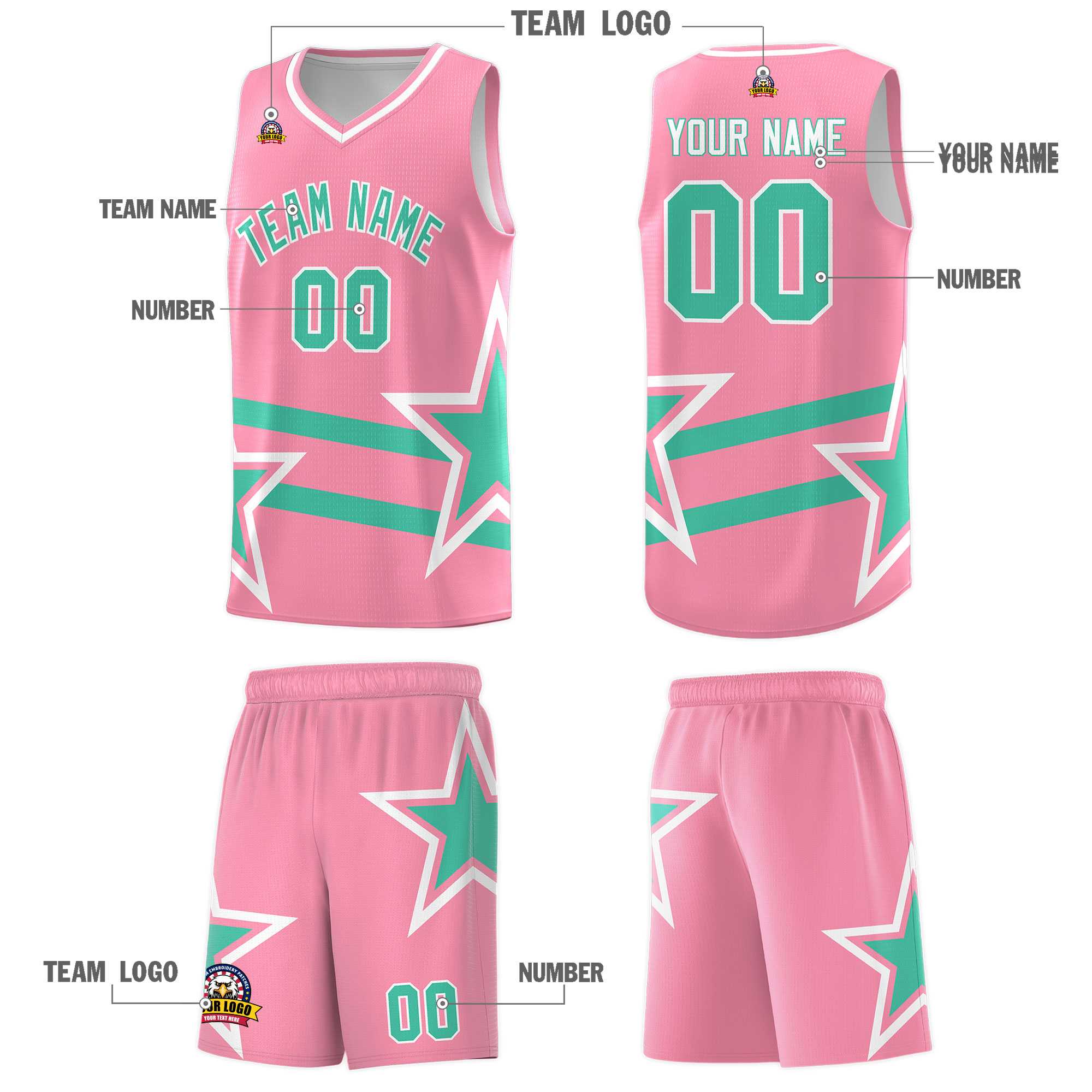 Custom Light Pink Basketball Kits With Bright Green Star Pattern And Double Lines