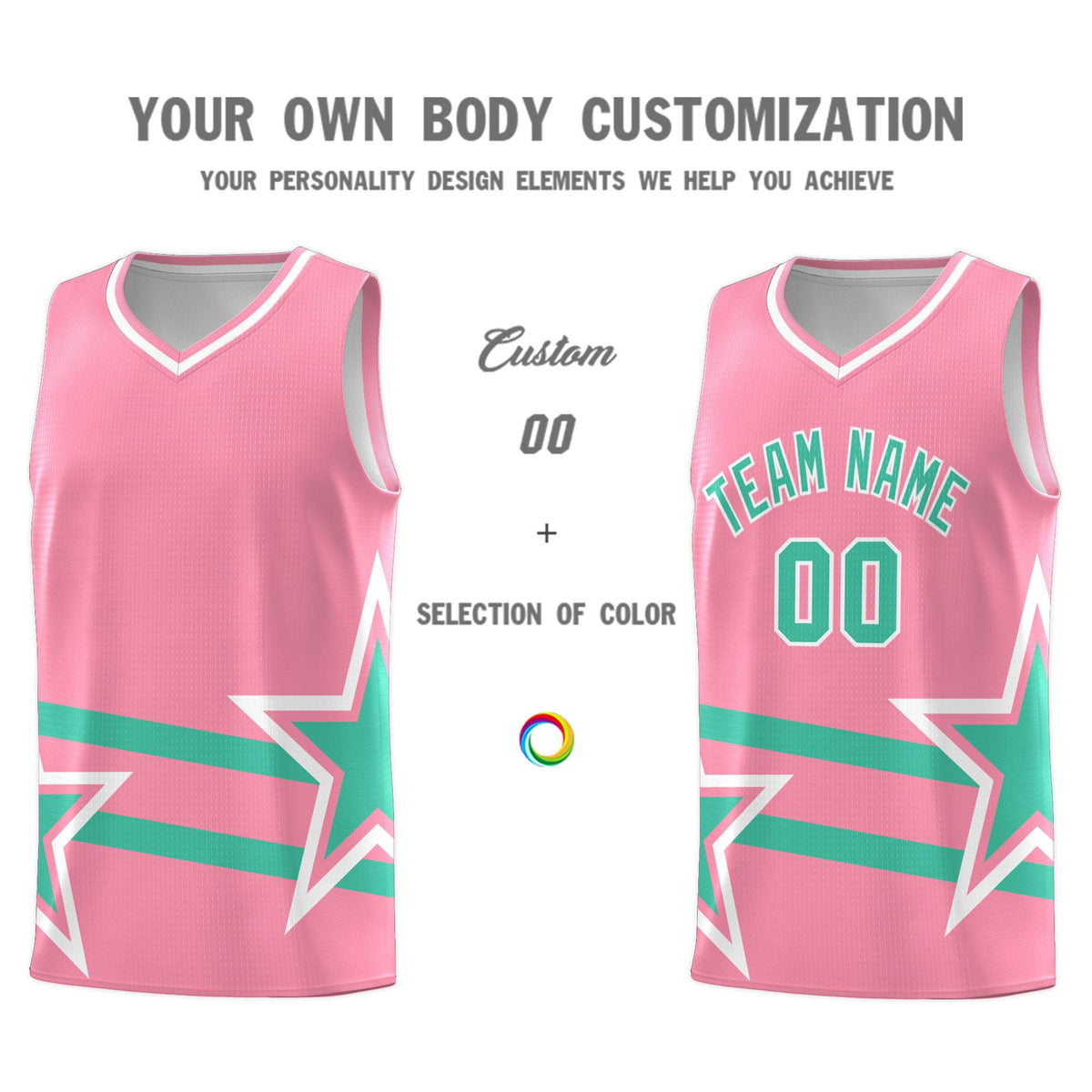 Custom Light Pink Basketball Kits With Bright Green Star Pattern And Double Lines