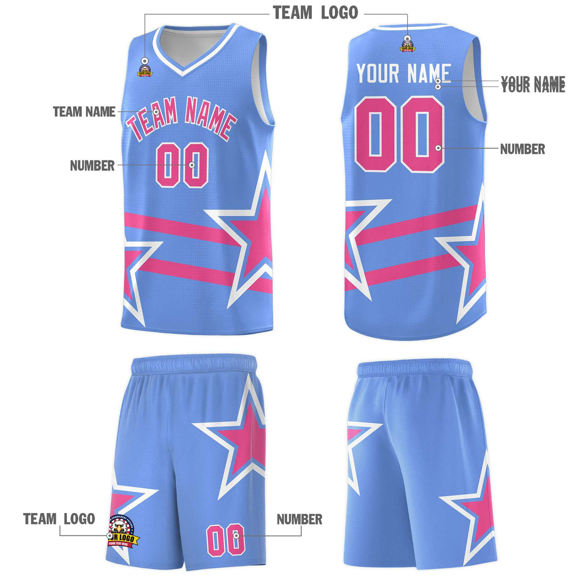Custom Light Blue Basketball Kits With Pink Star Pattern And Double Lines