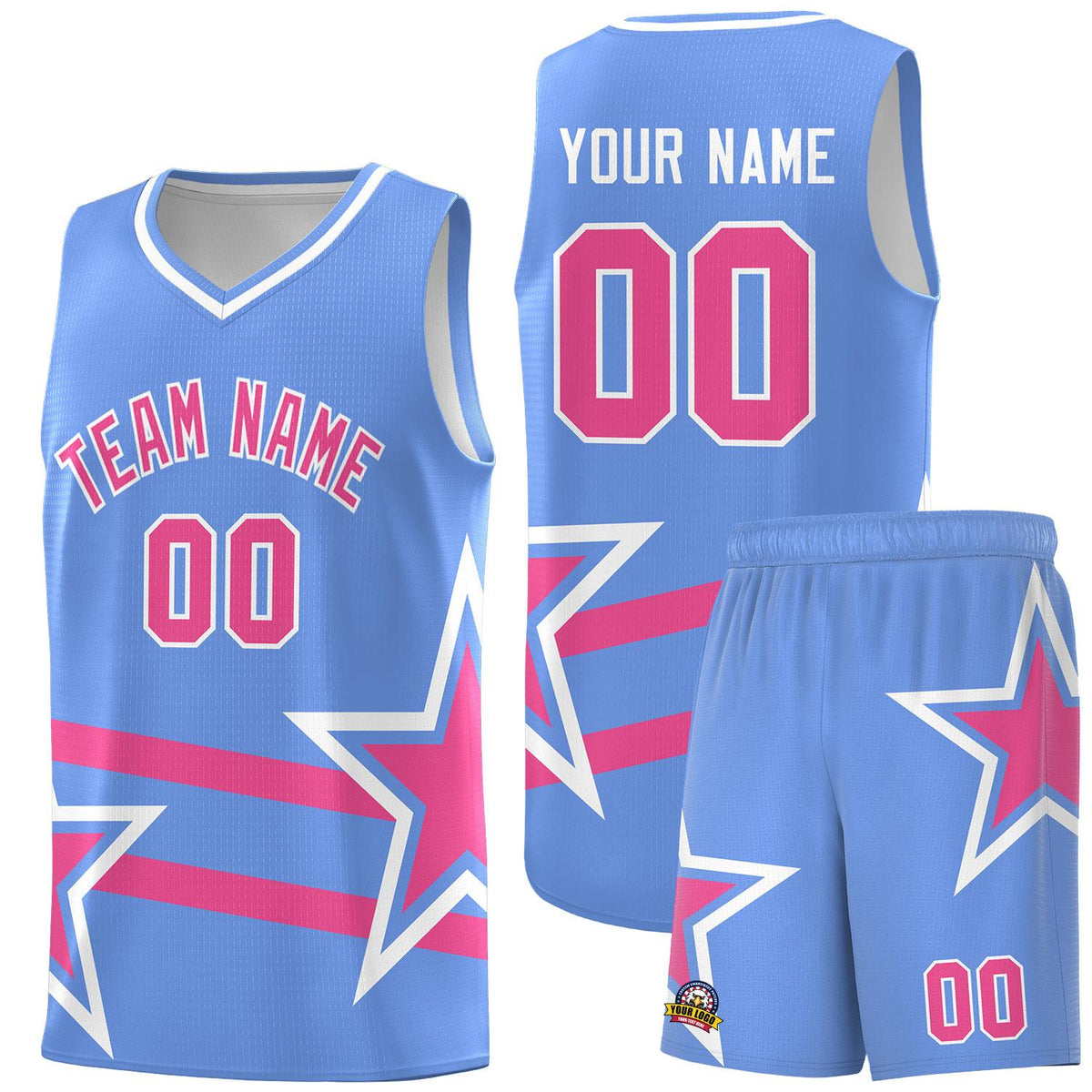 Custom Light Blue Basketball Kits With Pink Star Pattern And Double Lines