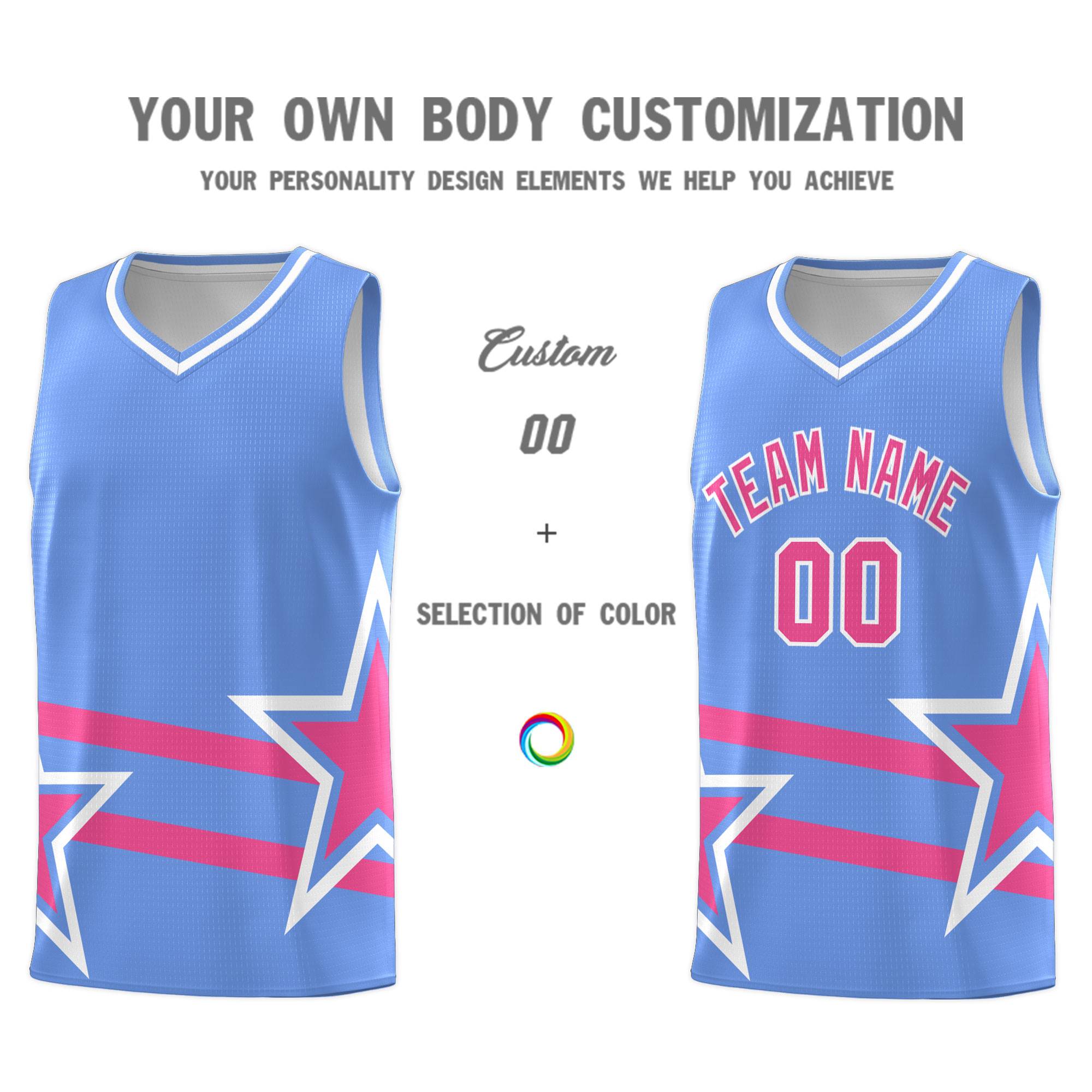 Custom Light Blue Basketball Kits With Pink Star Pattern And Double Lines