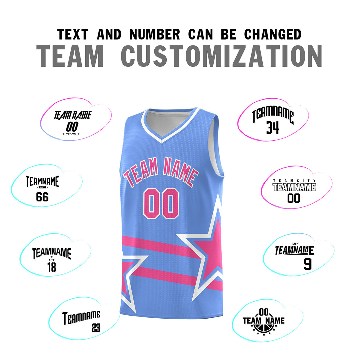 Custom Light Blue Basketball Kits With Pink Star Pattern And Double Lines
