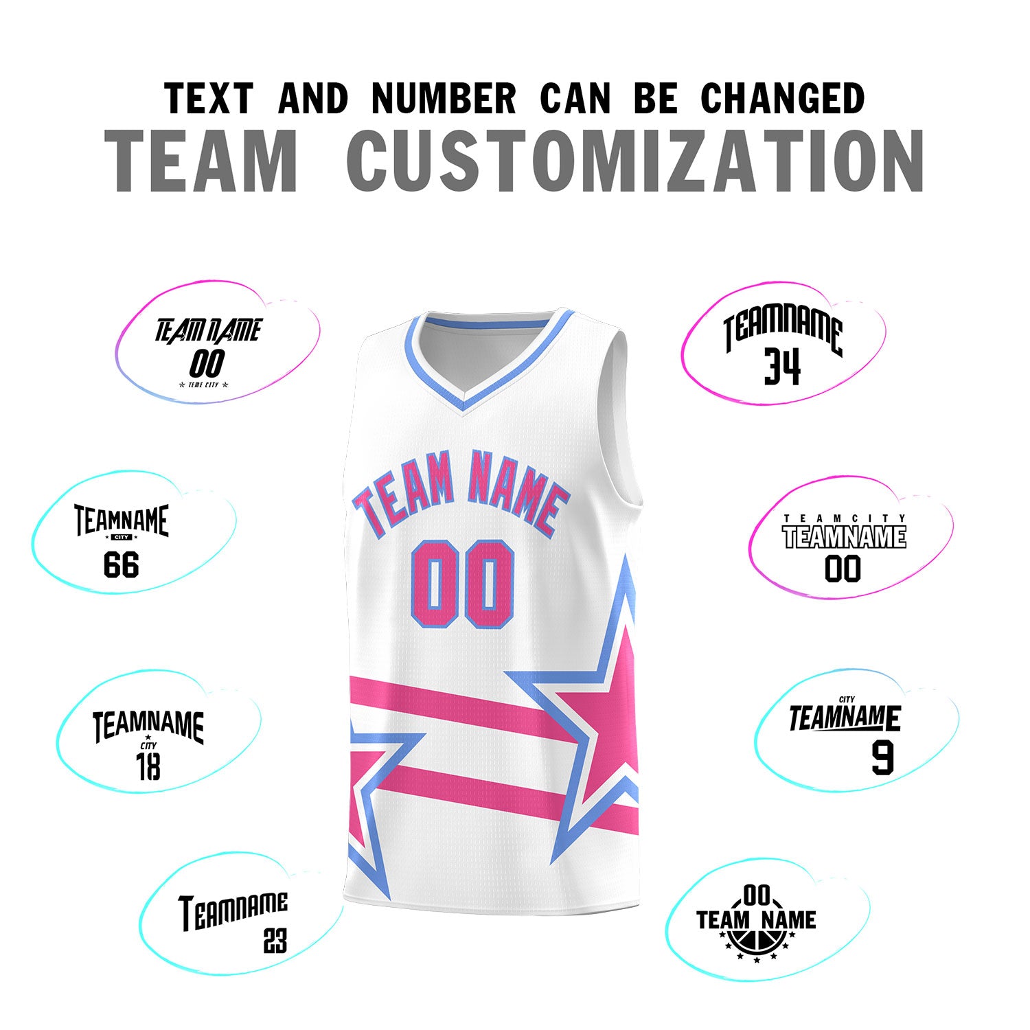 Custom White Basketball Kits With Pink Star Pattern And Double Lines