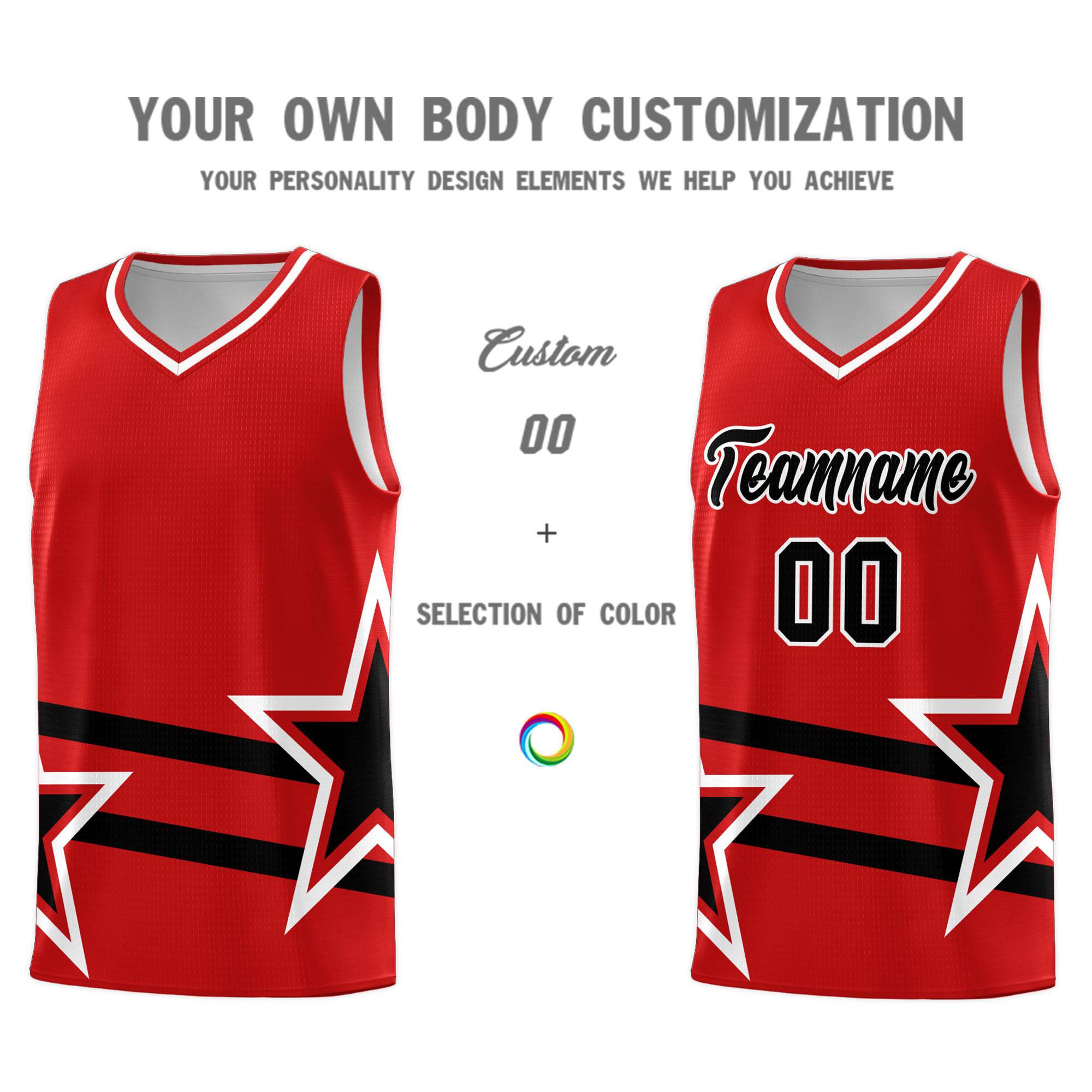 Custom Red Basketball Kits With Black Star Pattern And Double Lines
