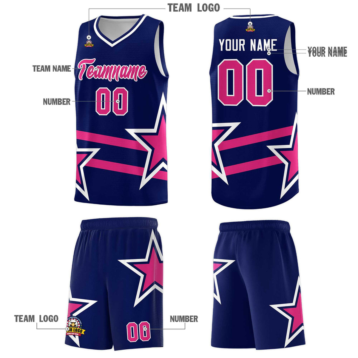 Custom Navy Basketball Kits With Rose Red Star Pattern And Double Lines